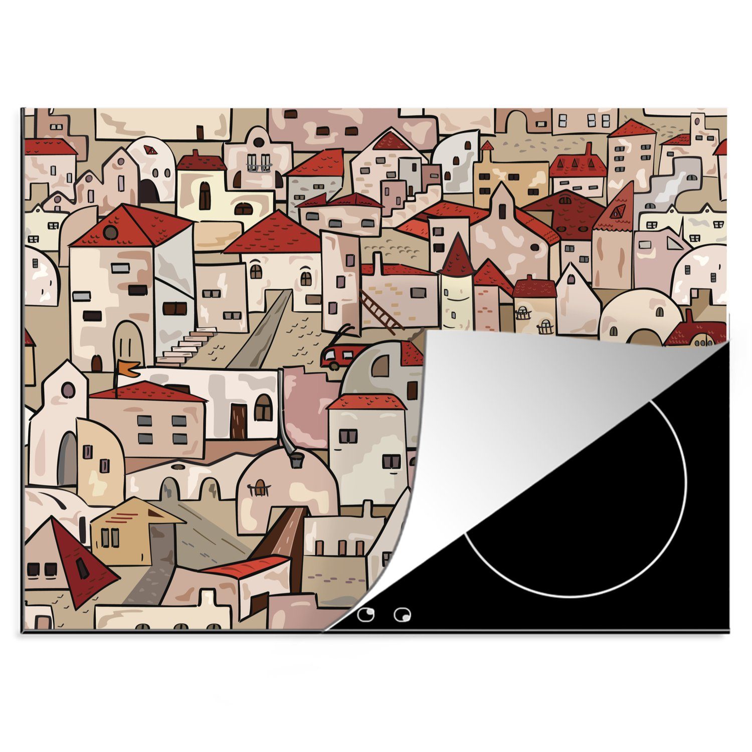 MuchoWow Herdblende-/Abdeckplatte Muster - Straße - Häuser, Vinyl, (1 tlg), 70x52 cm, Mobile Arbeitsfläche nutzbar, Ceranfeldabdeckung