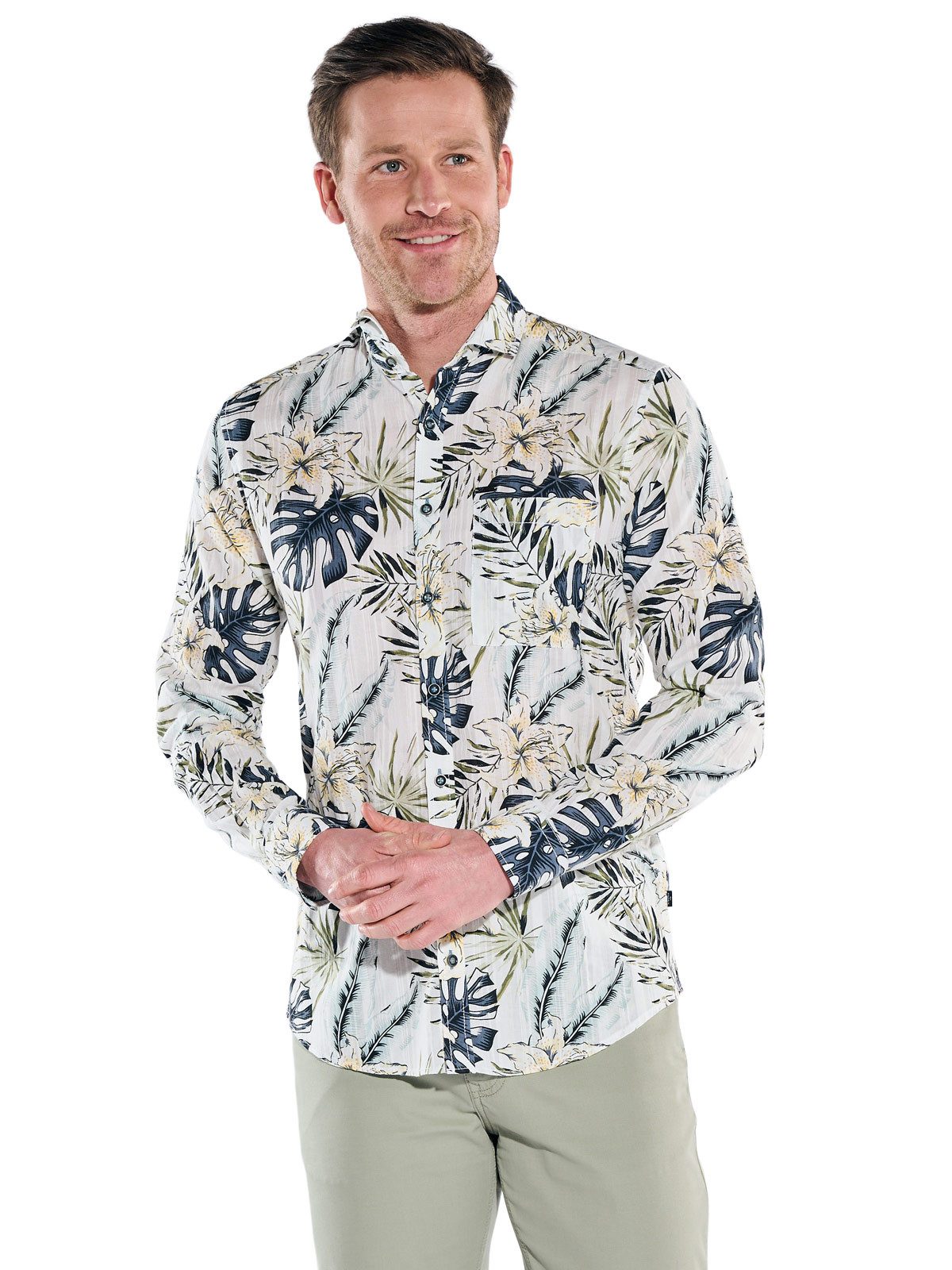 Engbers Langarmhemd Herren Hemd mit tropischem Muster, Khaki