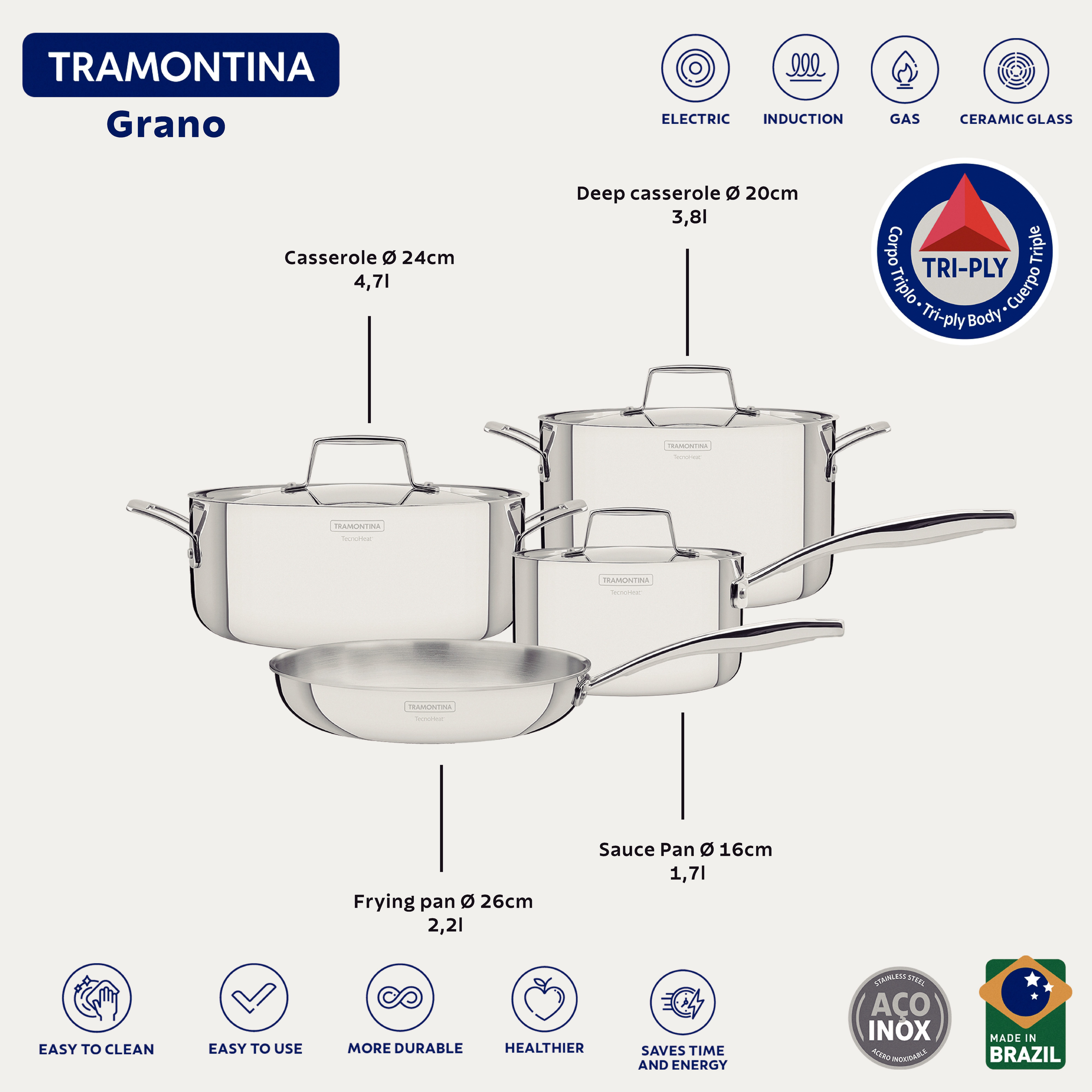 Tramontina Topf-Set GRANO Kochtopf Set mit Bratpfanne, 4-tlg., spülmaschinenfest, Edelstahl 18/10 (Set, 4-tlg., 2 x Bratentopf Ø 20/24 cm, 1 x Stieltopf Ø 16 cm, 1 x Pfanne Ø 26 cm), rostfrei, induktionsgeeignet, backofengeeignet
