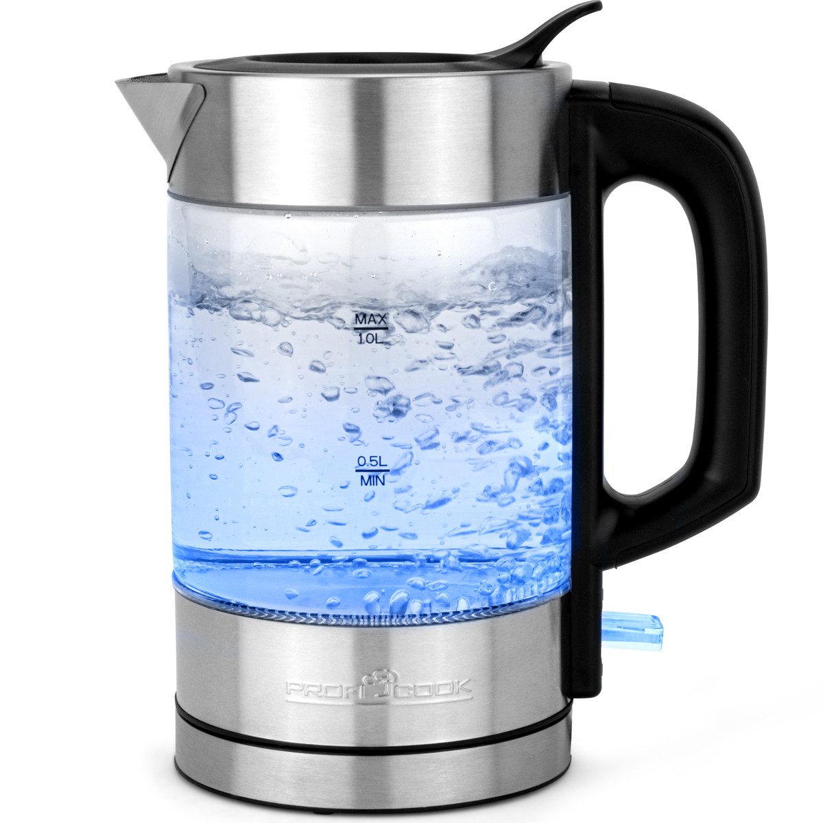 ProfiCook Wasserkocher PC-WKS 1229 G, Wasserkocher Edelstahl, 1L, blau beleuchtetg