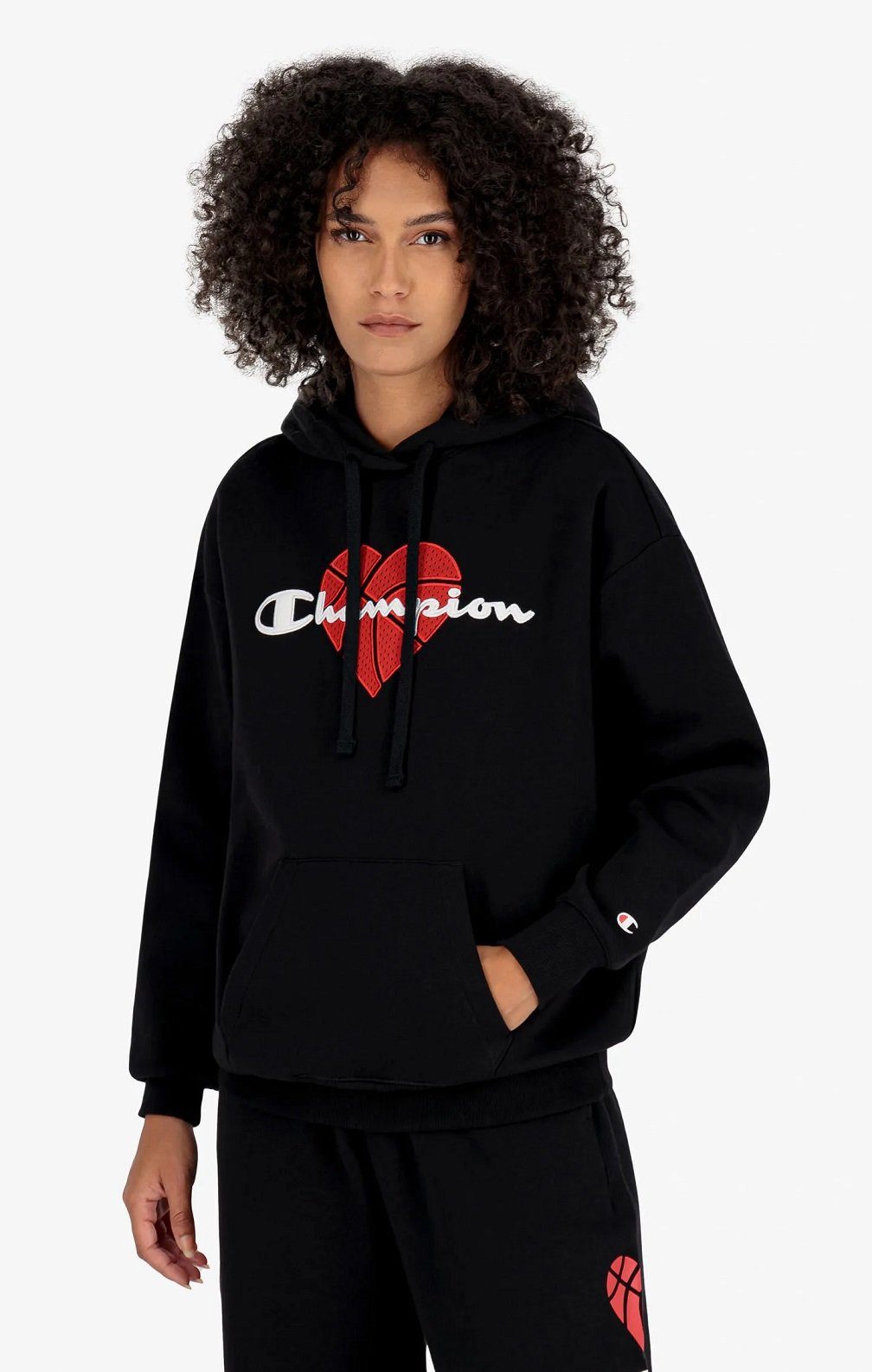 Champion Kapuzenpullover (Hoodie gefüttert) Logo mit Basketballherz-Print schwarz Damen