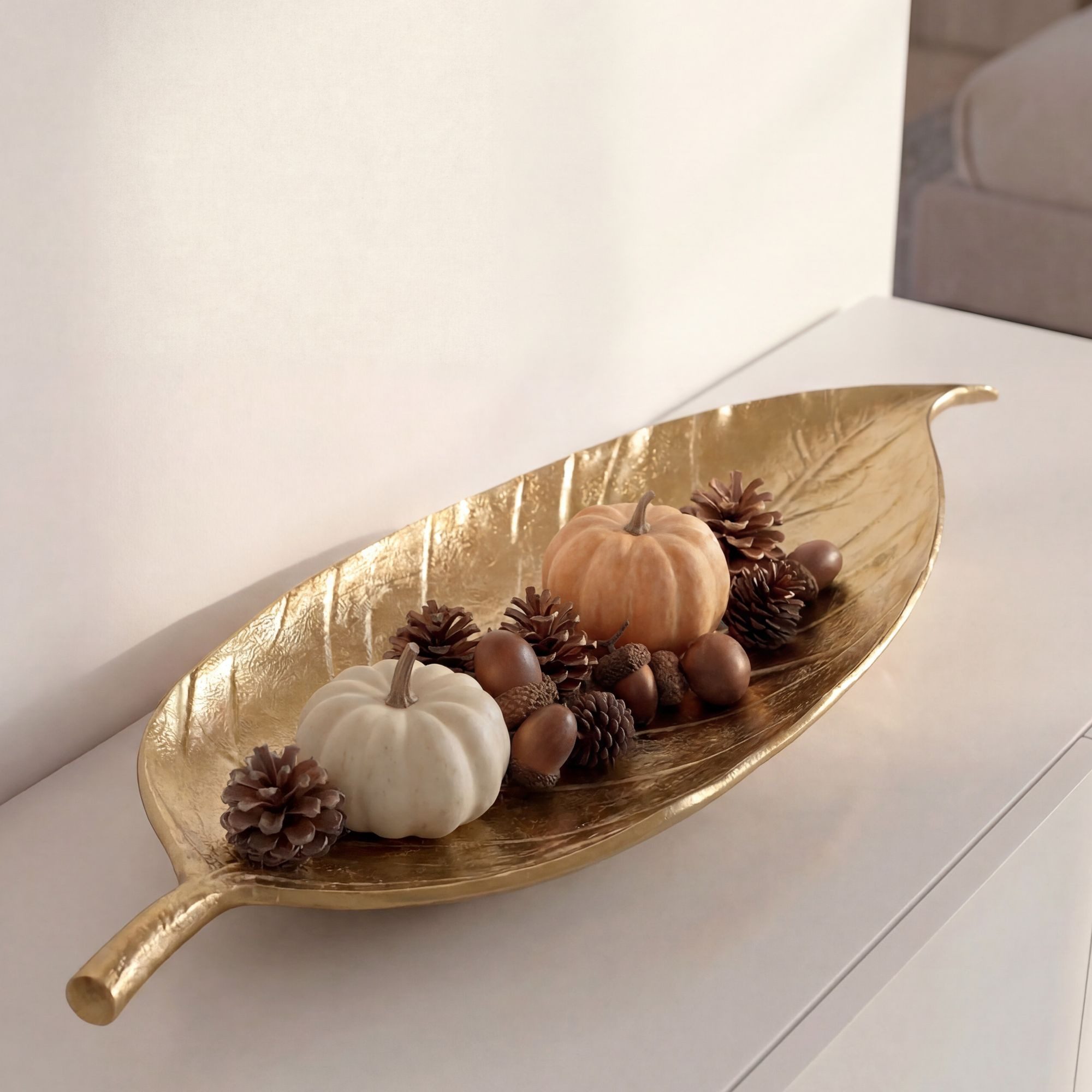 FINEBUY Dekoschale FB77647 Tischdeko 60cm Gold Aluminium Wohnaccessoire Metallschale (Längliches Wohnaccessoire aus leichtem Aluminium), Dekoratives Aluminiumblatt als Tischdekoration