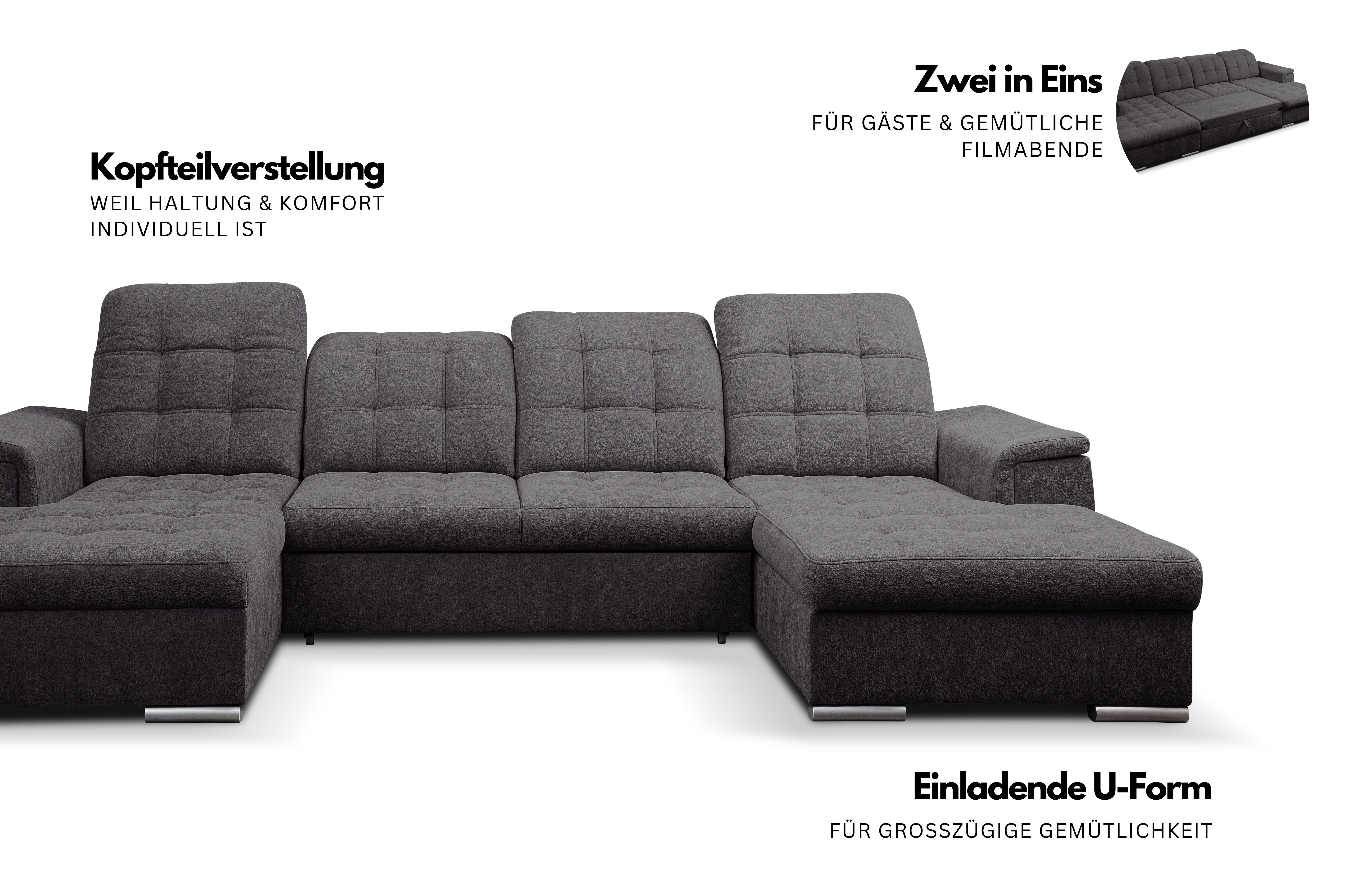 WERK2 Wohnlandschaft Napoli 330 x 174 cm zeitlos modern und bequem, U-Form, XXL, Schlaffunktion, Bettkasten, verstellbare Kopfteile