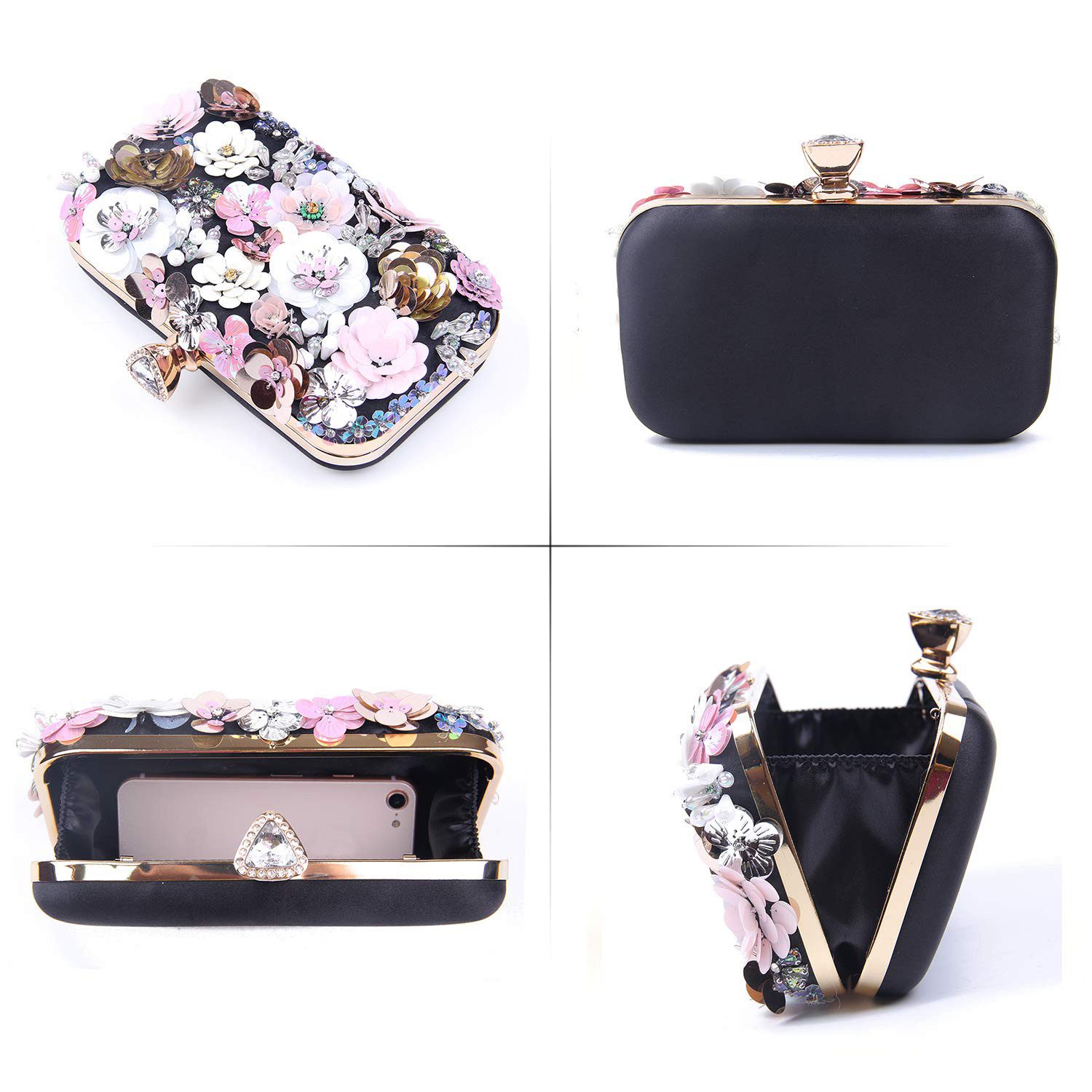 Zaewry Abendtasche Damen-Clutch mit Blumenmuster, Abendhandtasche, Schultertasche, mit Kettenriemen