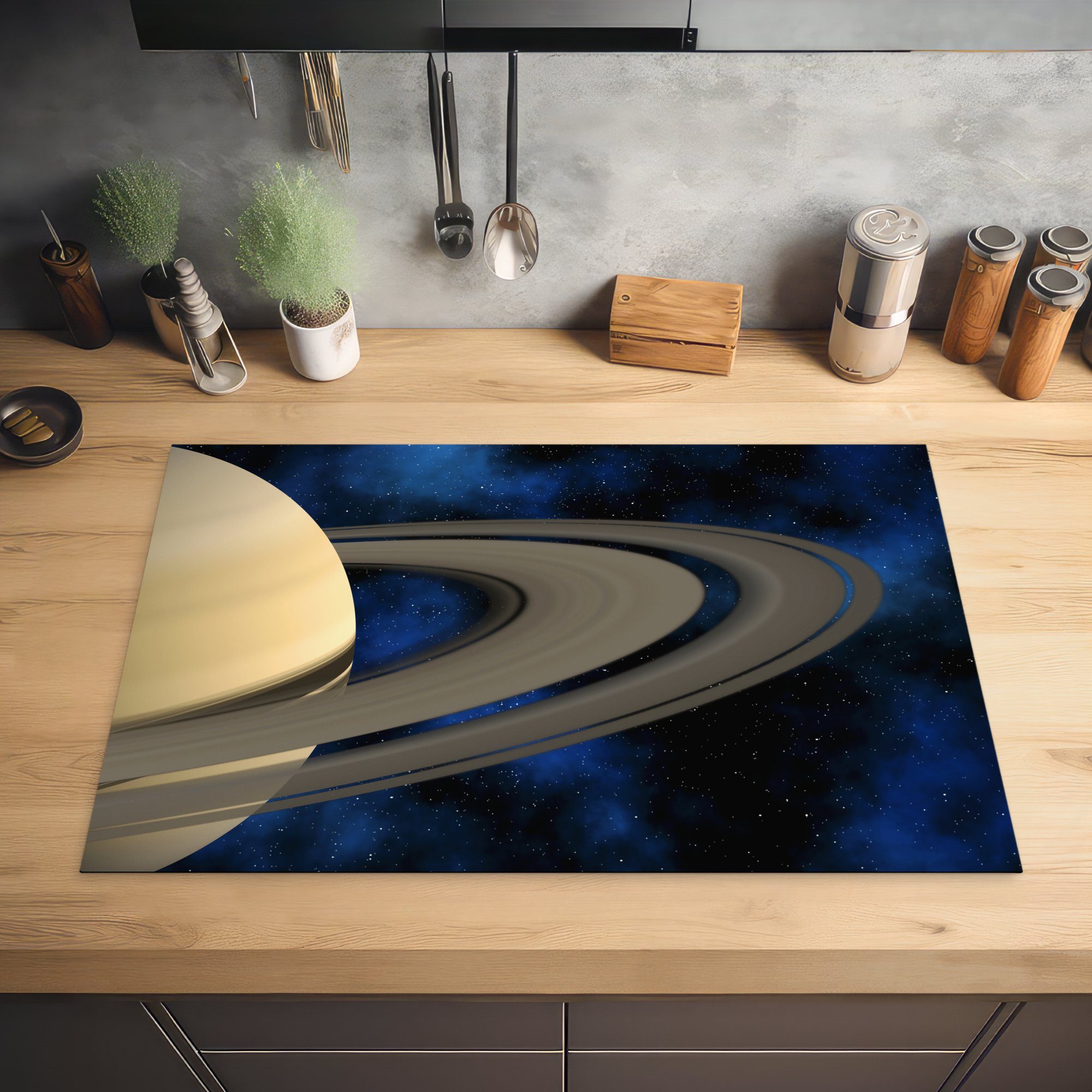 Saturn Induktionskochfeld (1 Himmel, 81x52 cm, Schutz Herdblende-/Abdeckplatte MuchoWow für Vinyl, einem Ceranfeldabdeckung tlg), vor küche, dunkelblauen die
