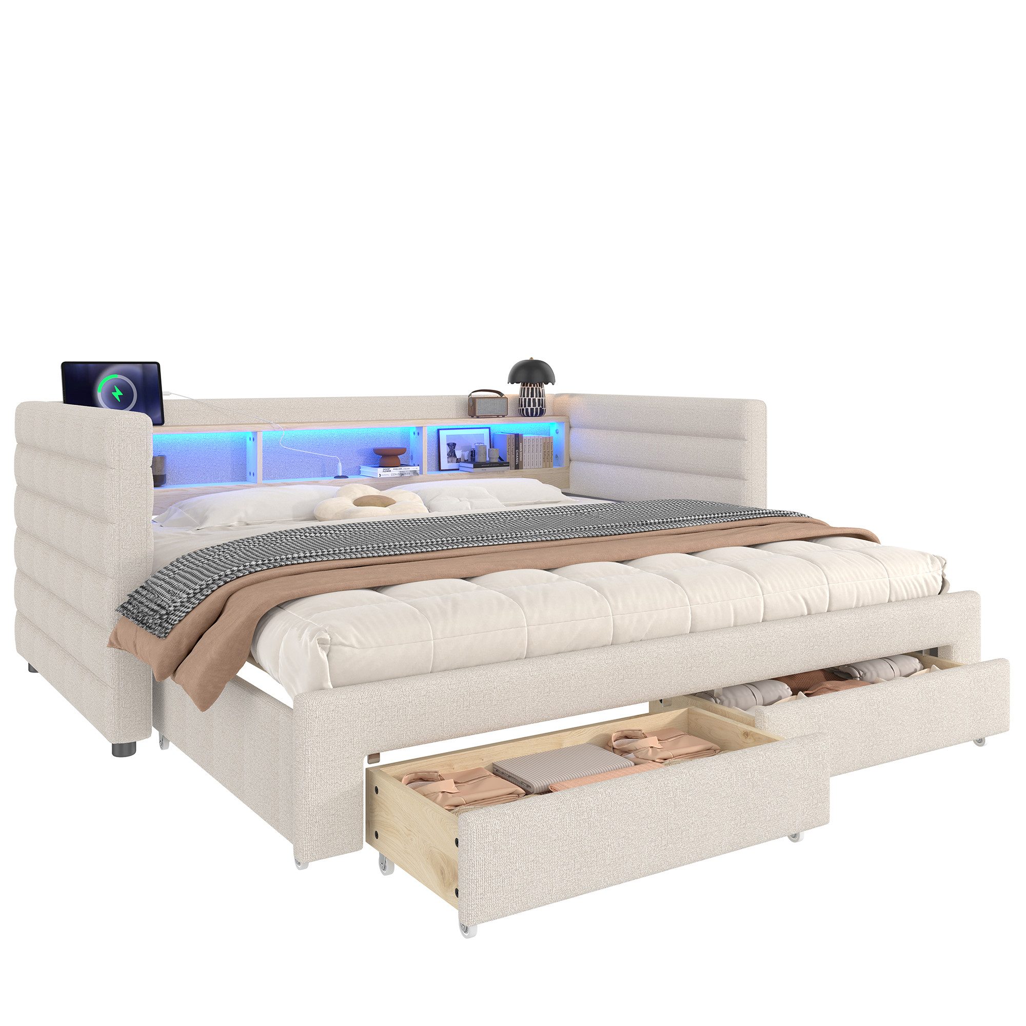 Ulife Daybett multifunktionales Ausziehbett,mit zwei Schubladen,mehreren Staufächern (1 tlg), 90 × 190 cm,USB+Typ-C Anschlüsse,LED-Lichtleiste,Ohne Matratze,Beige