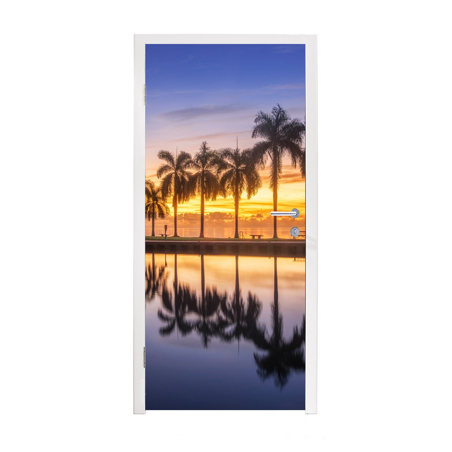 MuchoWow Türtapete Die Spiegelung einer Palmenreihe im Wasser, Matt, bedruckt, (1 St), Fototapete für Tür, Türaufkleber, 75x205 cm