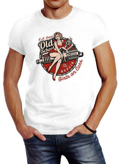 Neverless Print-Shirt Herren T-Shirt Girls on Cars Retro Vintage Print Pin up Girl Logo Aufdruck Slim Fit Neverless® mit Print