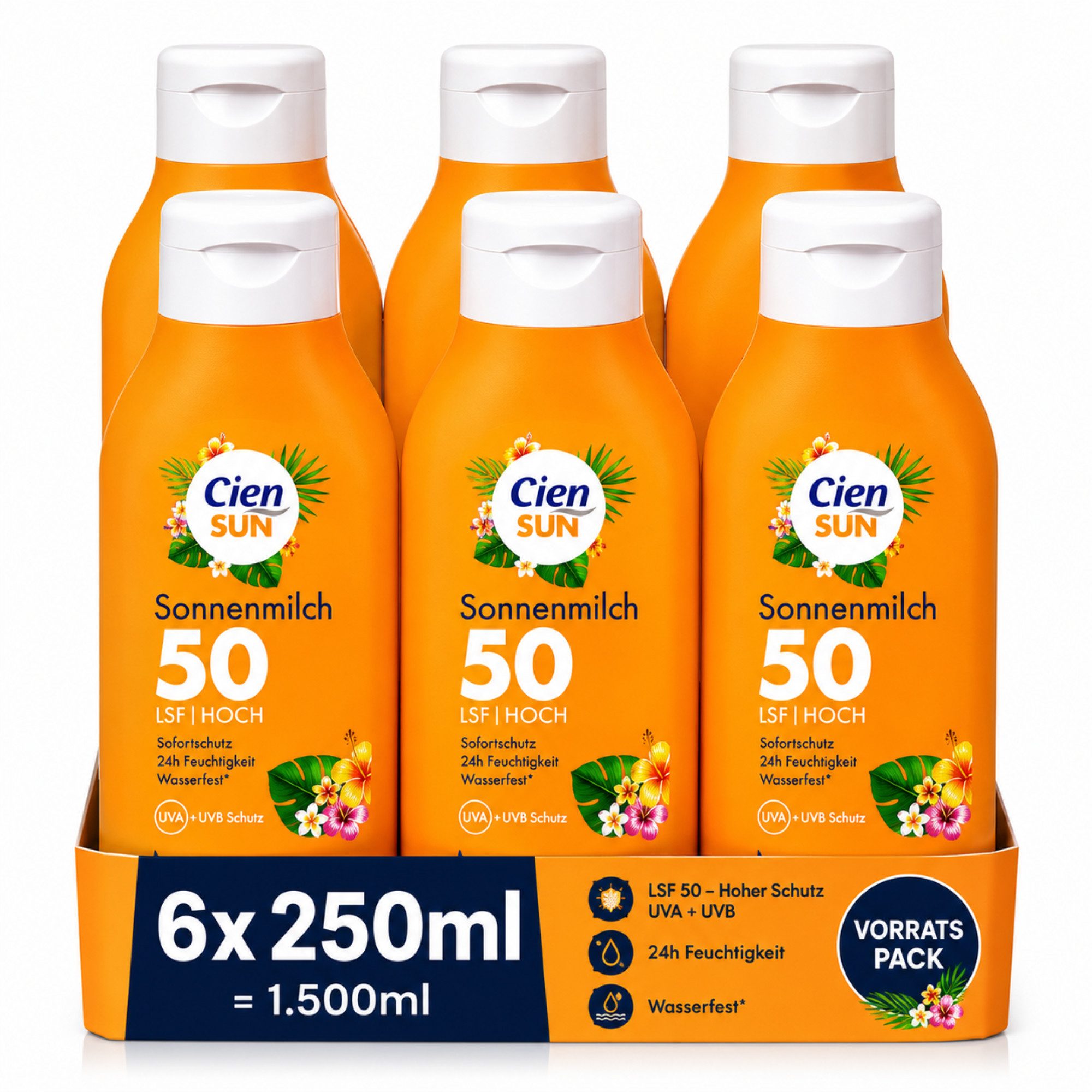 Cien Sonnenschutzmilch Sonnenmilch LSF 50 6 × 250 ml Vorratspack, Spar-Set, 6-tlg., 6 × 250 ml mit LSF 50 und wasserfestem UVA-/UVB-Schutz