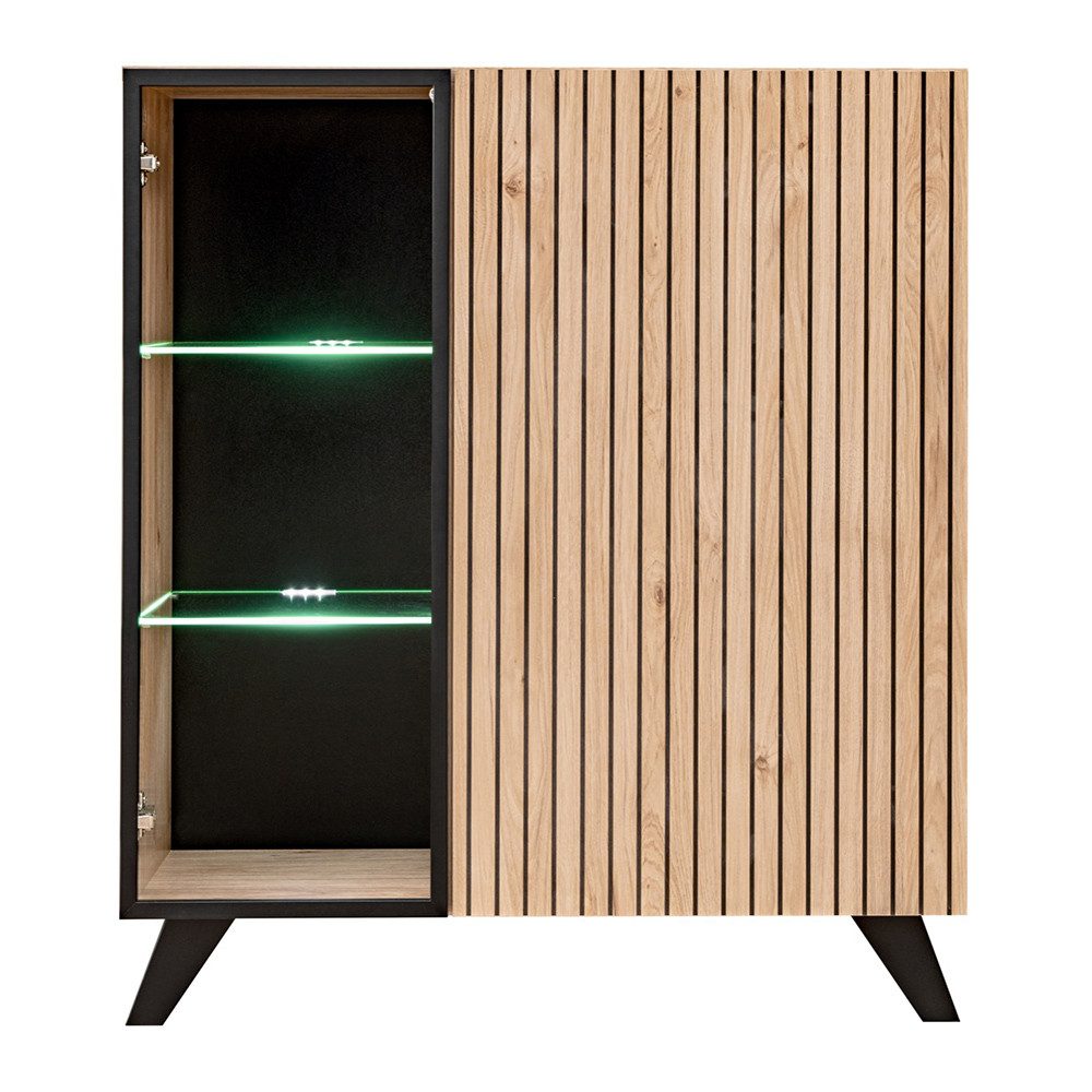 Lomadox Highboard LATERZA-164, Vitrinenschrank in Hickory Jackson (Kastanie), inkl. LED-Beleuchtung
