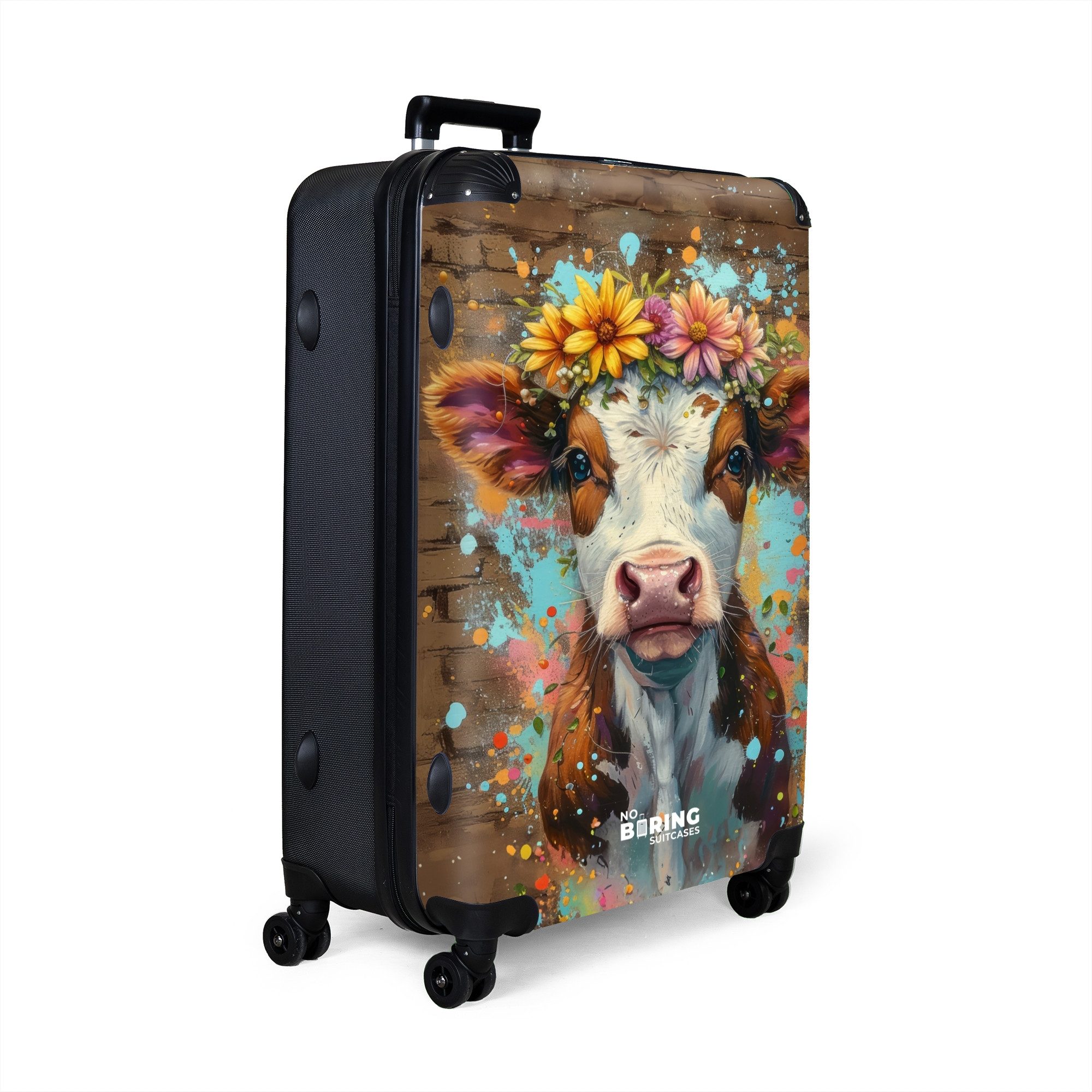 NoBoringSuitcases.com© Hartschalen-Trolley Graffiti-Kuh mit bunten Blumen günstig online kaufen
