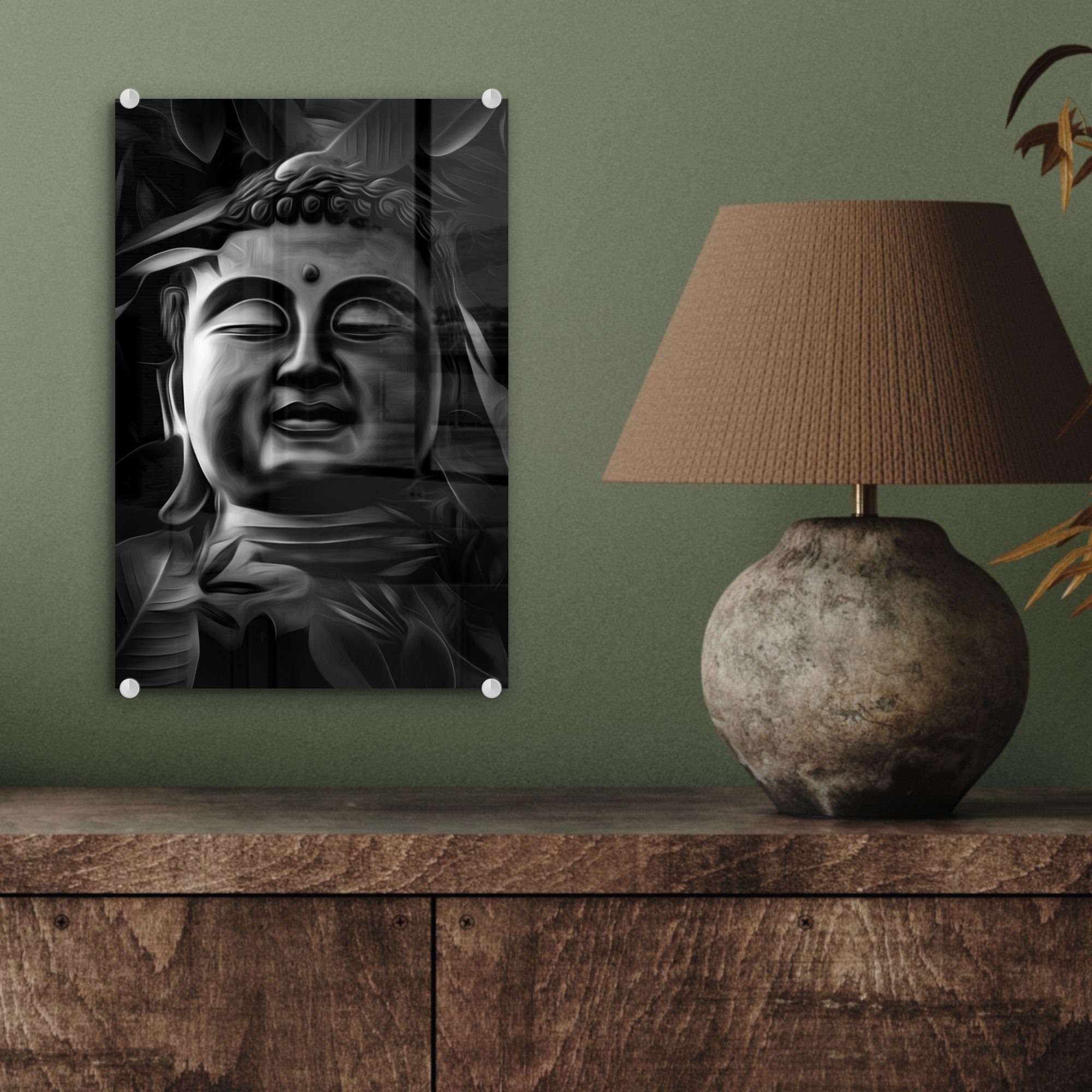 Wanddekoration auf mit und - (1 Glasbilder - Wandbild eines MuchoWow Buddha Glas St), Kopfes Bilder Blättern des Foto Acrylglasbild bunt schwarz auf - Glas weiß, Illustration -