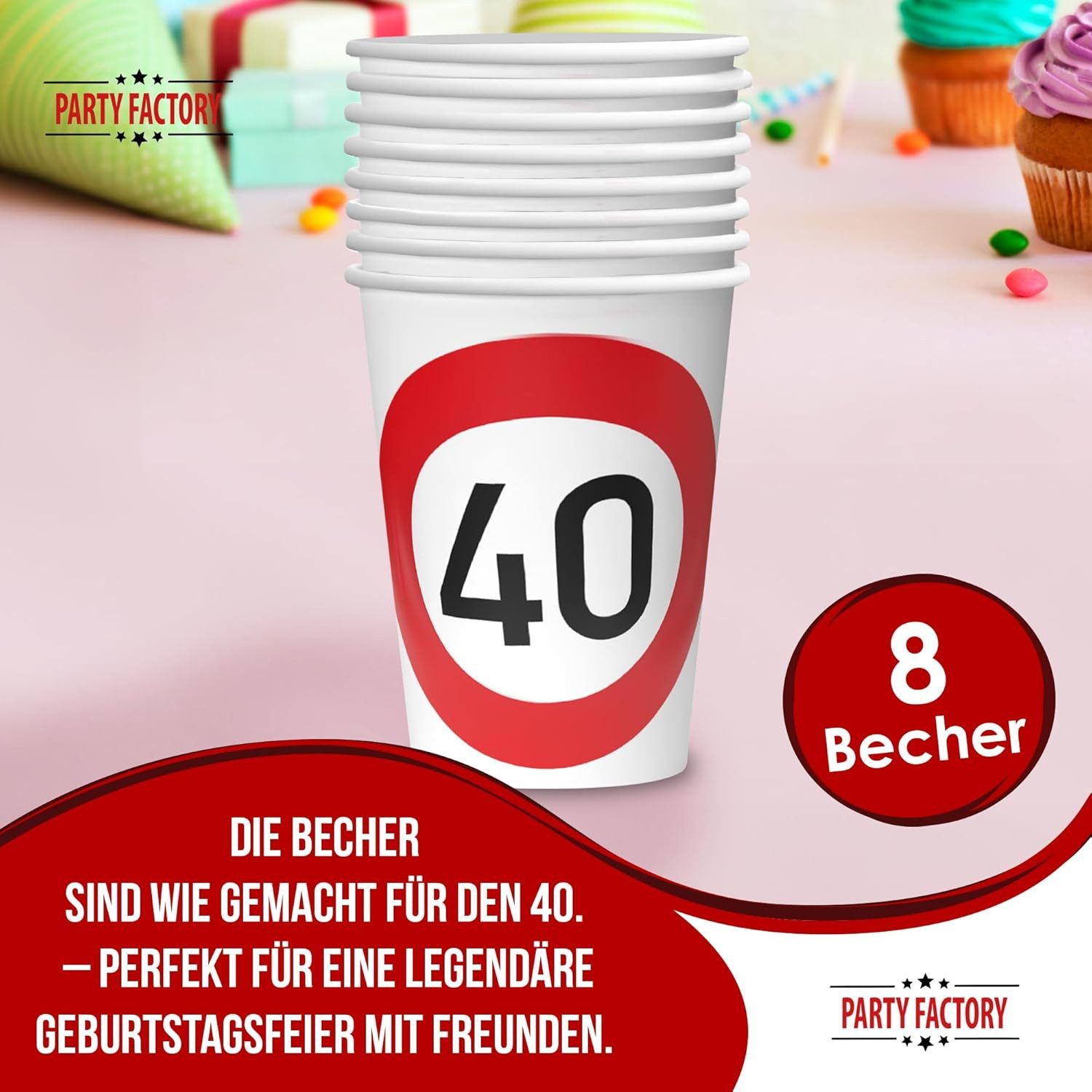 Party Factory Einwegbecher Becher Happy Birthday 40 – 8er-Pack, 250 ml, für 40. Geburtstag, Einweg
