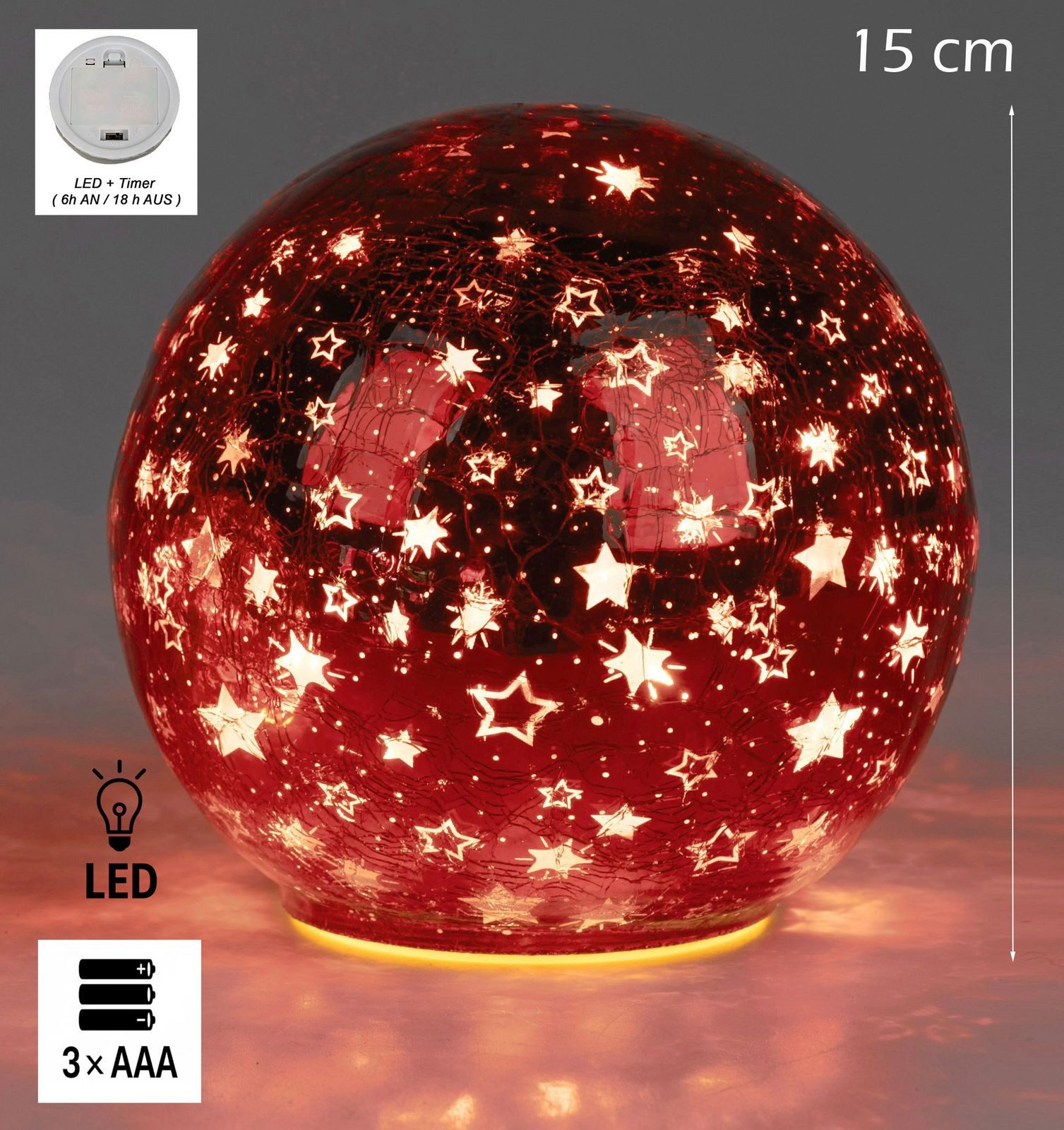 formano LED Dekolicht Glas-Kugel 15cm Sterne Rot Timer 6h/18h Weihnachten H günstig online kaufen