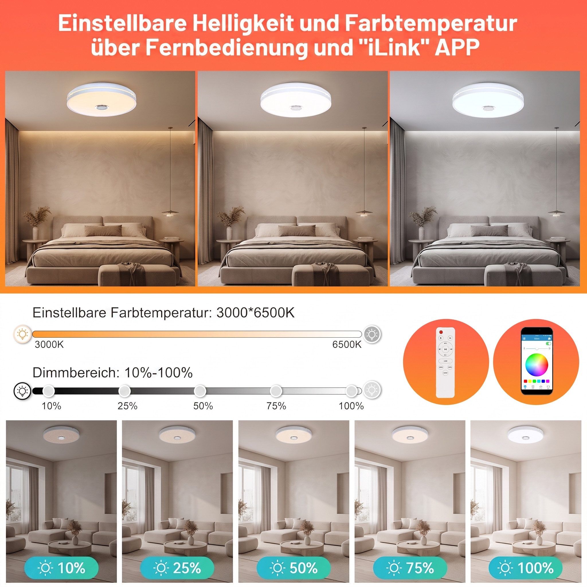 oyajia Deckenleuchte 55W Smart LED Deckenleuchte RGB Dimmbar mit Bluetooth Lautsprecher, LED fest integriert, Kaltweiß+Naturweiß+Warmweiß+RGB, RGB Deckenleuchte mit Fernbedienung und APP-Steuerung für Schlafzimmer