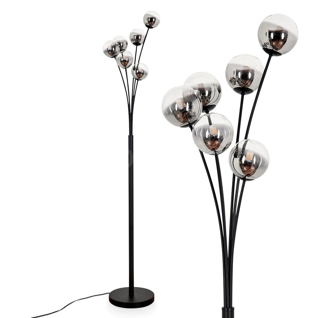 Stehlampe Stehlampe aus Metall/Glas in Schwarz/Rauchfarben/Klar