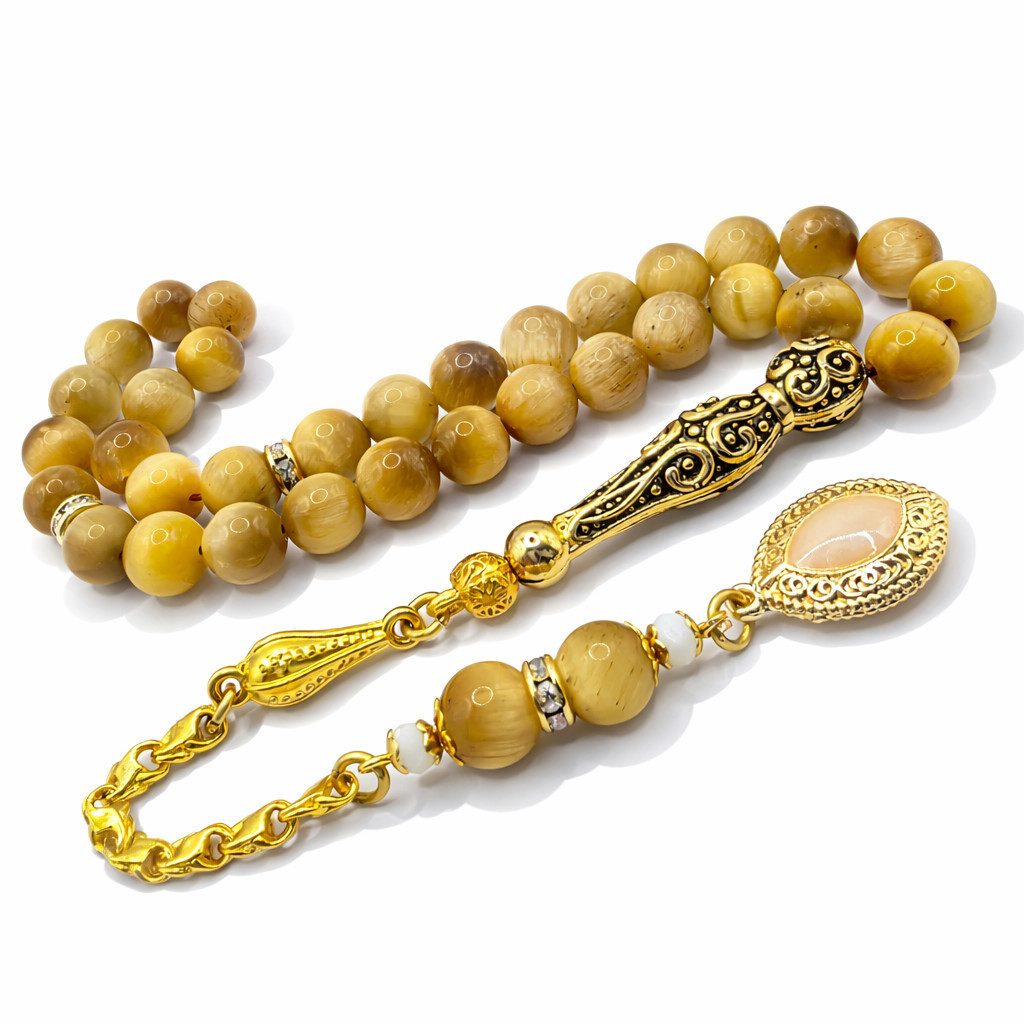 M-Punkt24 Kettenanhänger Tesbih Tespih Naturstein Küre Rund (Tigerauge Gold Gelb Milchig, Gebetskette, Rosary, Subha Misbah), Design Püskül, inkl. ETUI, *SONDERPREIS WEGEN PRODUKT NEUHEIT*