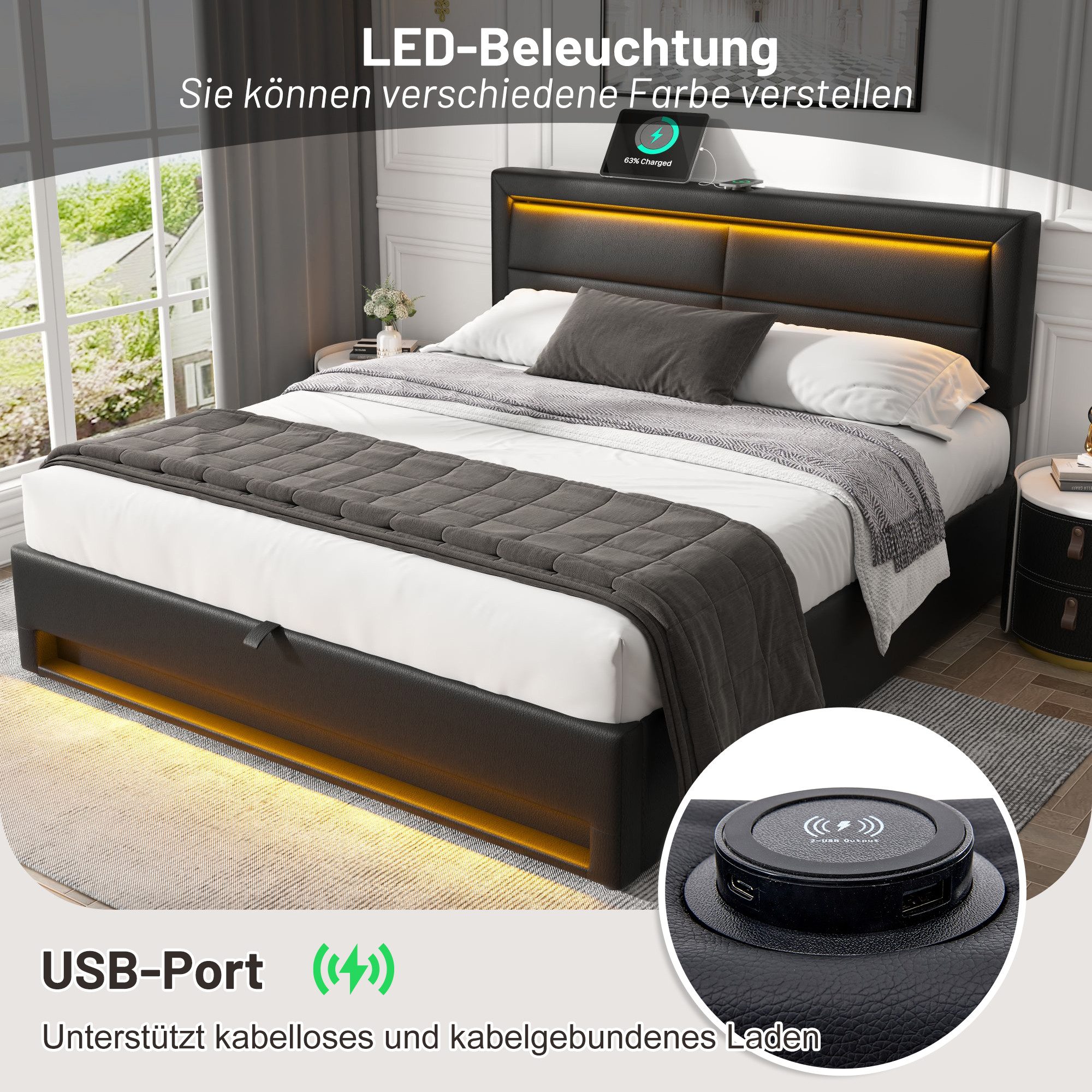Flieks Polsterbett, LED Doppelbett 160x200cm mit USB-Anschluss und hydrauli günstig online kaufen