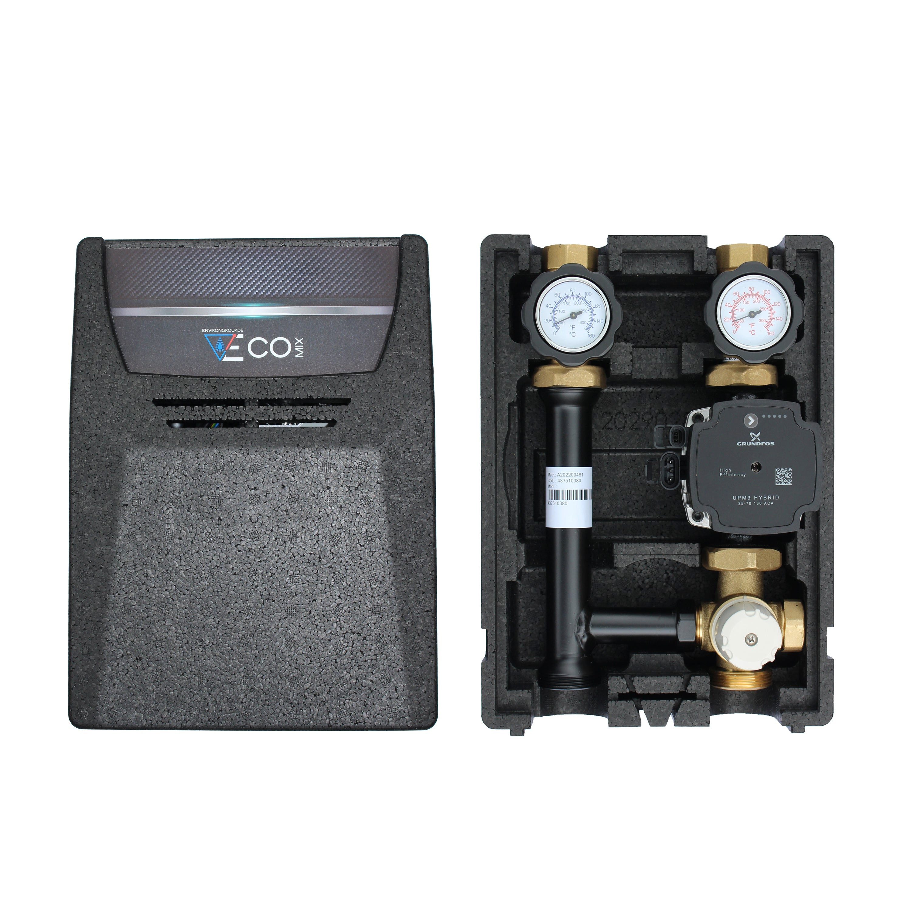ganz24 Heizkreisverteiler EcoMix EN004 Pumpengruppe 40–70 °C mit Grundfos UPM3 Hybrid 25/7, Optimale Wärmedämmung