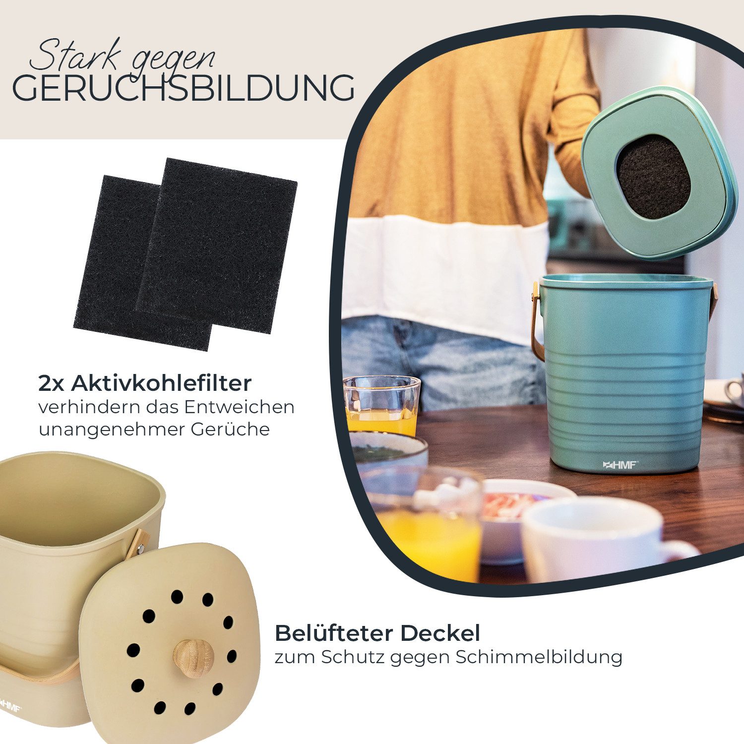 HMF Biomülleimer 3780-3L Geruchsdichter Komposteimer mit Aktivkohlefilter, nachhaltiger kleiner Bio Mülleimer für die Küche mit Deckel, 3L, Beige