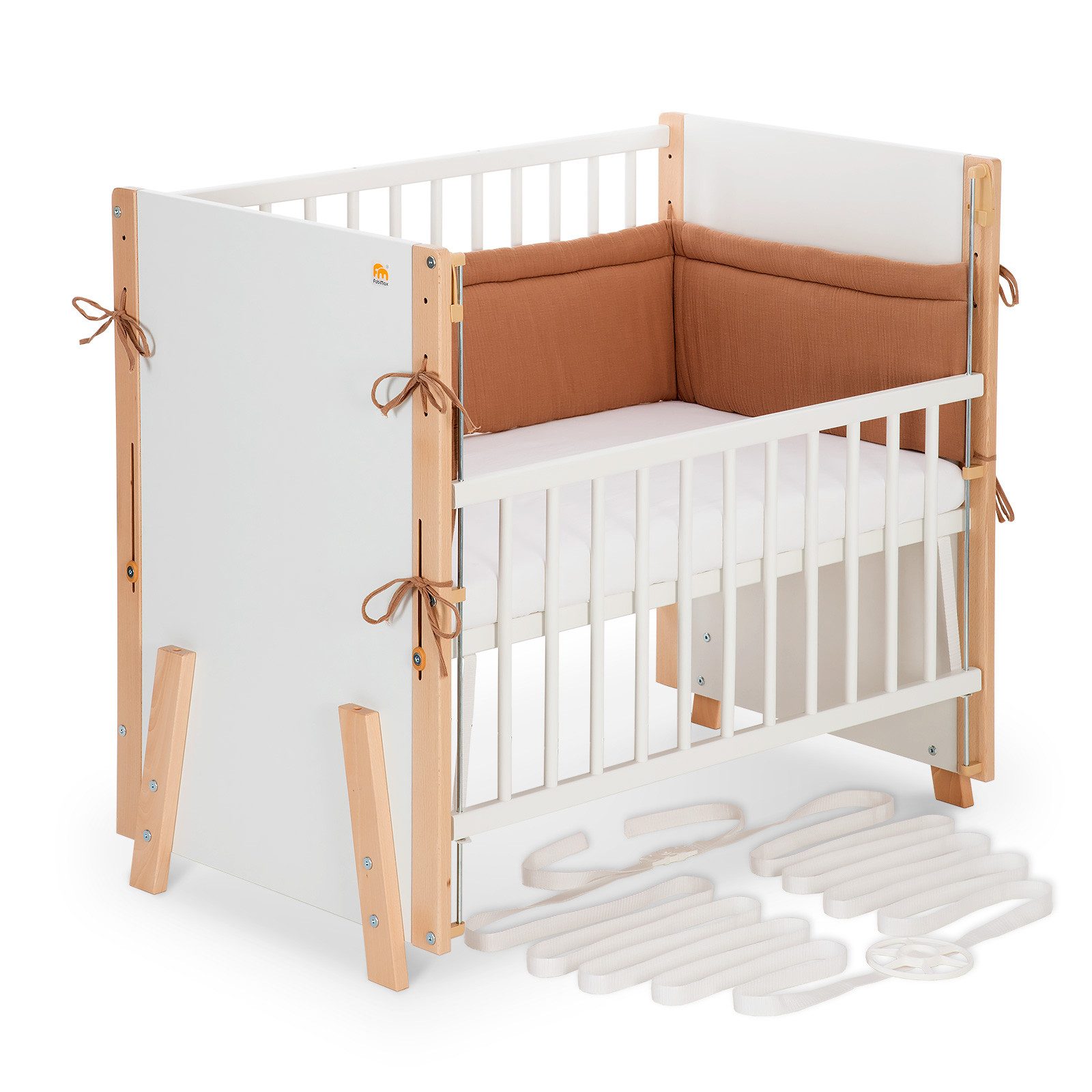 FabiMax Beistellbett Boxspring Vario Weiß / Natur, Stufenlose Höhenverstellung von 52 bis 83 cm, mit 2 in 1 Seitengitter