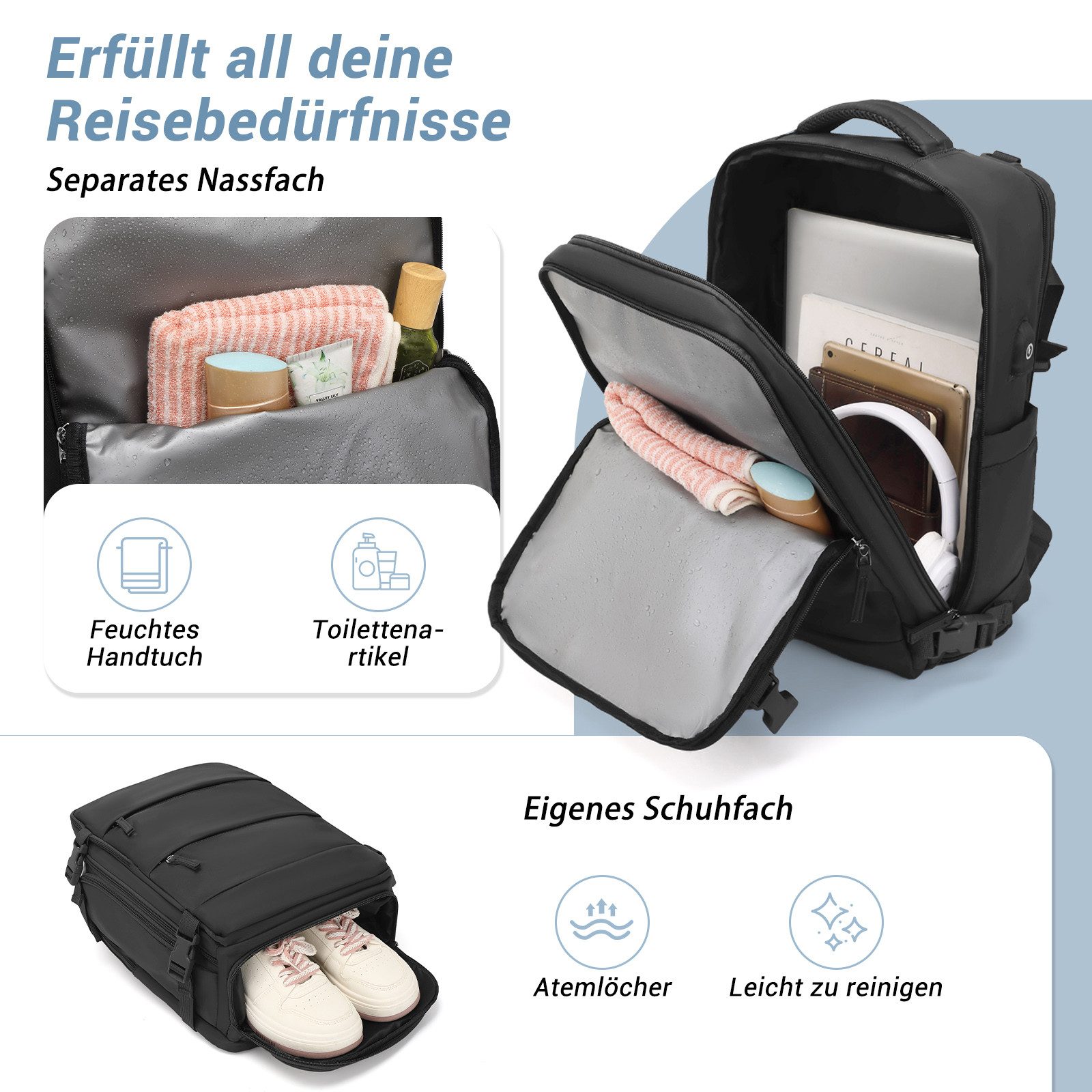 KONO Reiserucksack Handgepäck Laptop Rucksack 42x30x20,25L mit Schuhfach für Reisen&Sport – Bild 4 von 5
