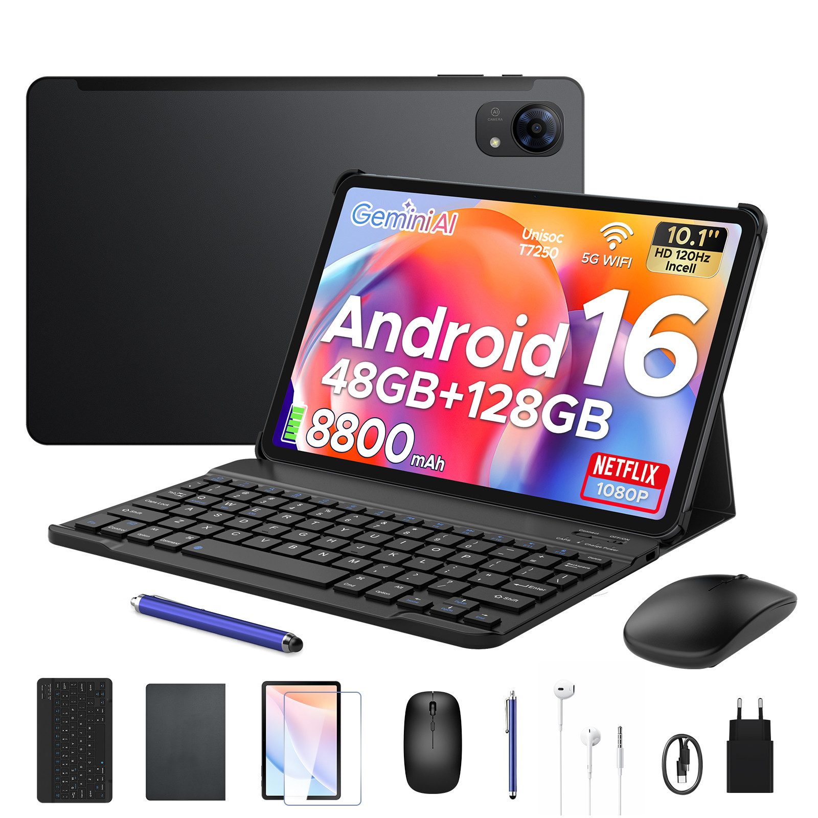 POCKAM P10 Pro Android 16 Tablet 10 Zoll 120Hz, 8800mAh Akku, mit Tastatur Tablet (10,1", 8 GB, Android 16, 13 MP, Gemini AI, 5G WiFi/Widevine L1/GPS/Face ID/zwei Lautsprecher)