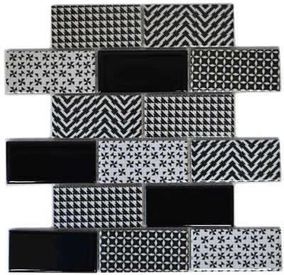 Mosani Mosaikfliesen Subway Fliesen Grau Weiß Schwarz glänzend Keramik ohne Facette