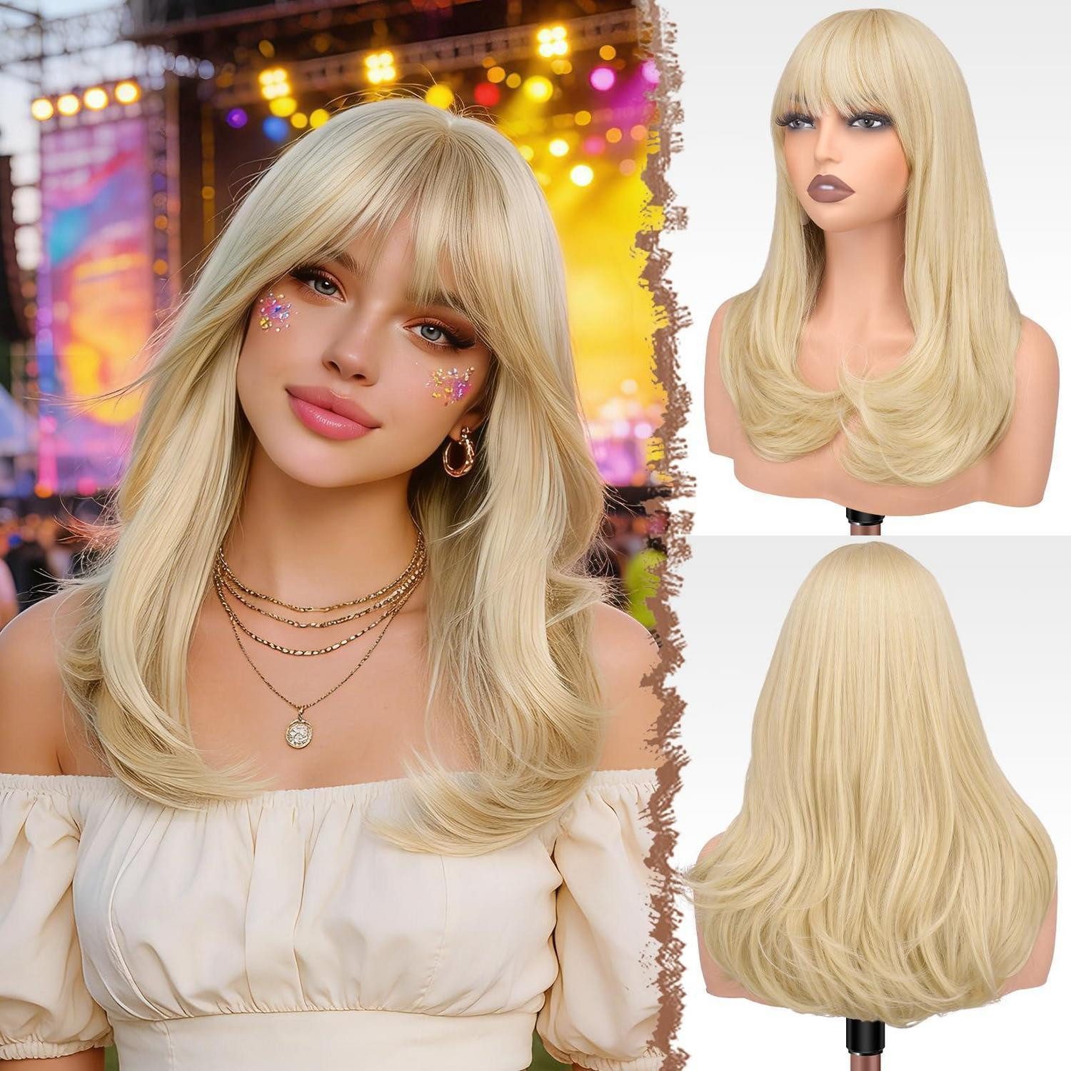 LuxusKollektion Kunsthaarperücke Perücke Damen Pony Synthetik Cosplay Karneval 45 cm Blond