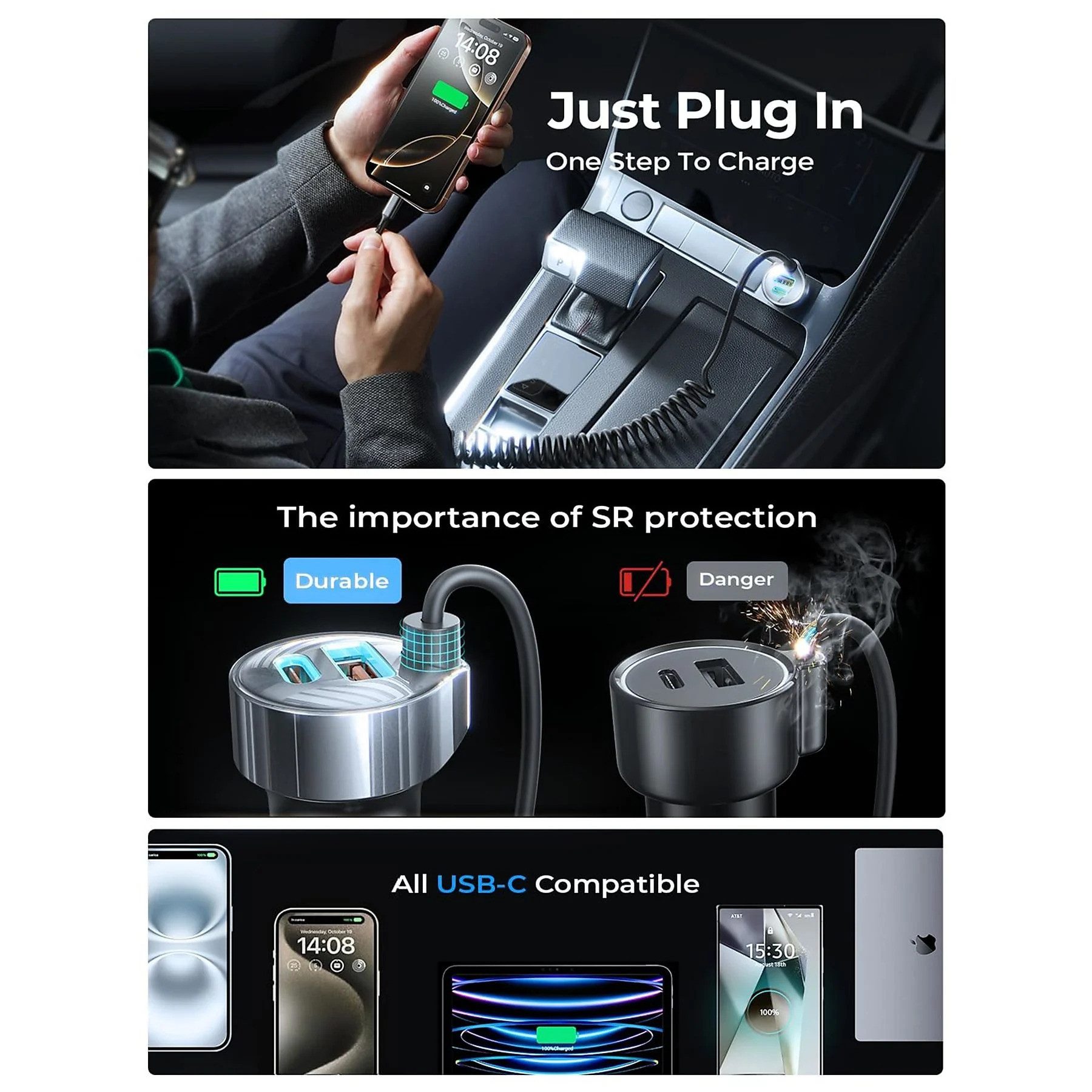GreenHec 90W USB C KFZ Ladegerät Zigarettenanzünder Spiralkabel PD Schnelllader USB-Ladegerät (90W gesamt, 45W USB-C PD, Spiralkabel, 4 Anschlüsse, 12V/24V) – Bild 3 von 5