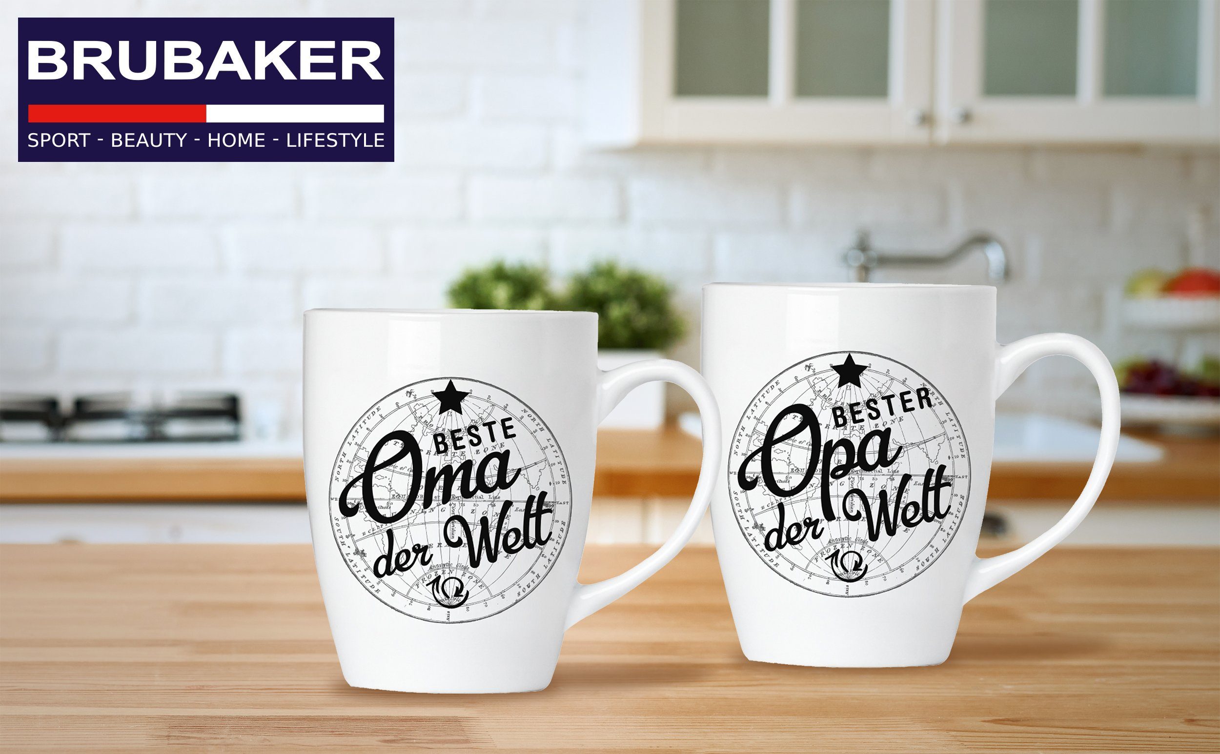 Motivtassen 2er-Set "Beste Geschenkset BRUBAKER Kaffeetassen Großeltern mit Tasse Keramik, Grußkarte, mit Kaffeebecher Geschenkpackung "Bester und Opa", in Weltkugel Oma" für