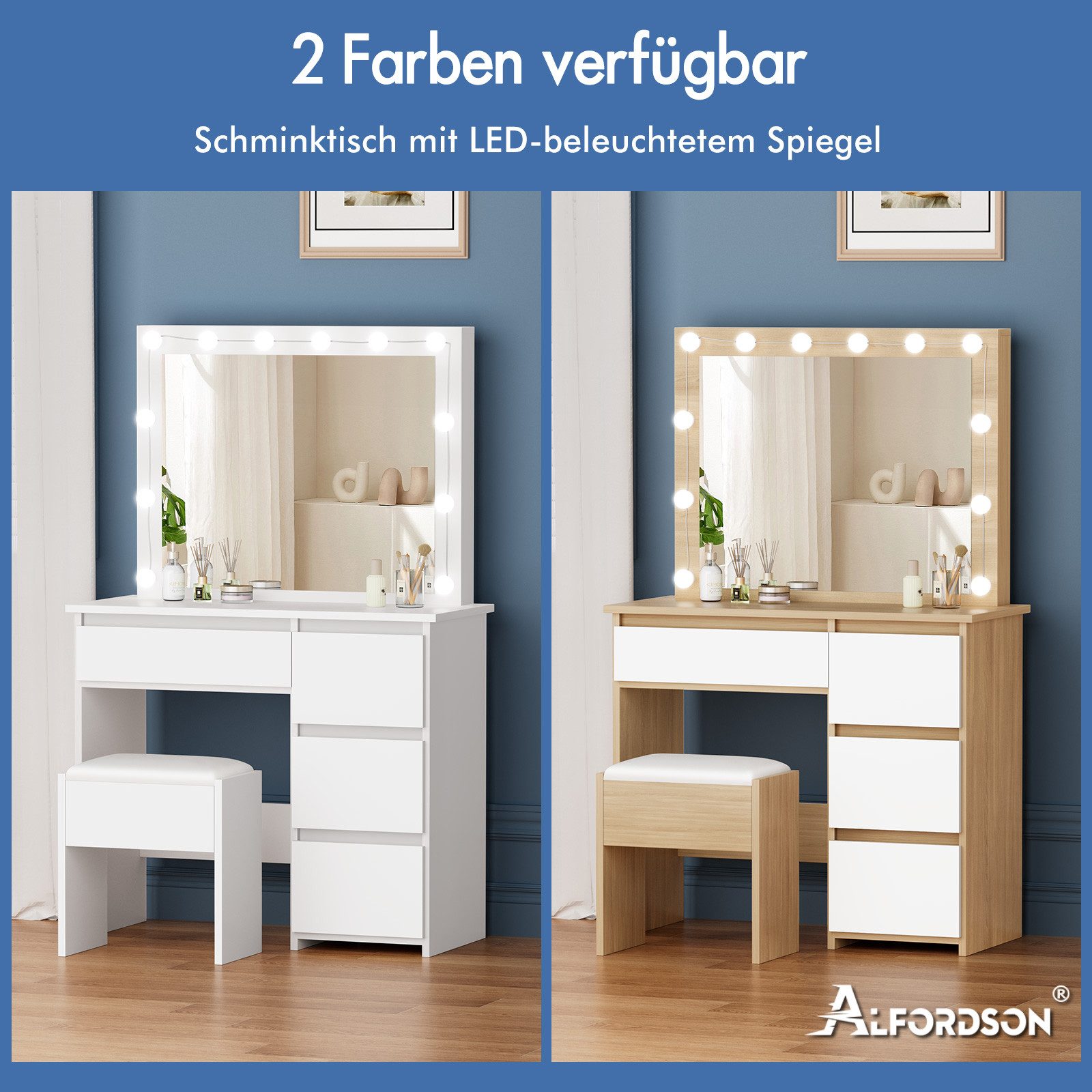 ALFORDSON Schminktisch mit Spiegel, 4 Schubladen & Aufbewahrungshocker, LED-Beleuchtung (Schminktisch-Set für Damen- und Mädchenschlafzimmer, 1-St), 90 cm lange Schreibtischplatte
