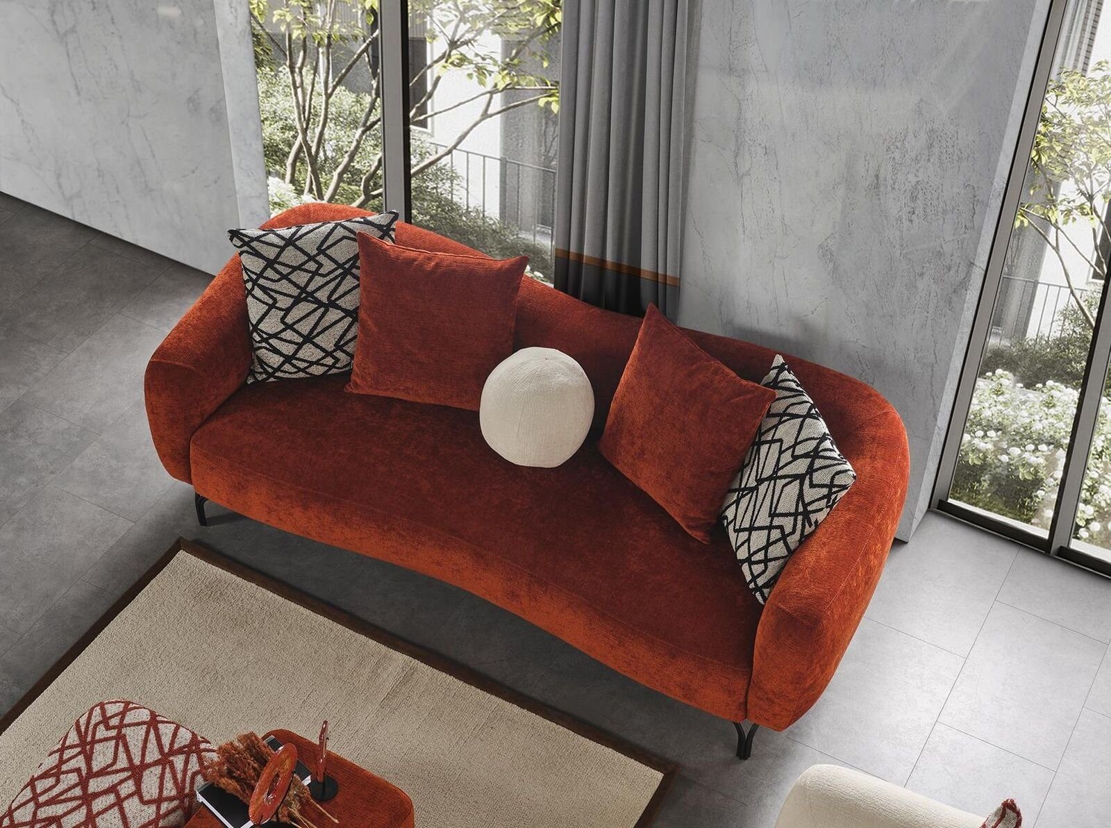 431 Komplette Orange Couchgarnitur JVmoebel Sessel; 4 Hocker), in Sofagarnitur Sitzer; Sofa Sitzer; Wohnzimmer-Set 3x 4tlg, Sofa (6-St., Stoff Europa 3 Sofa Made