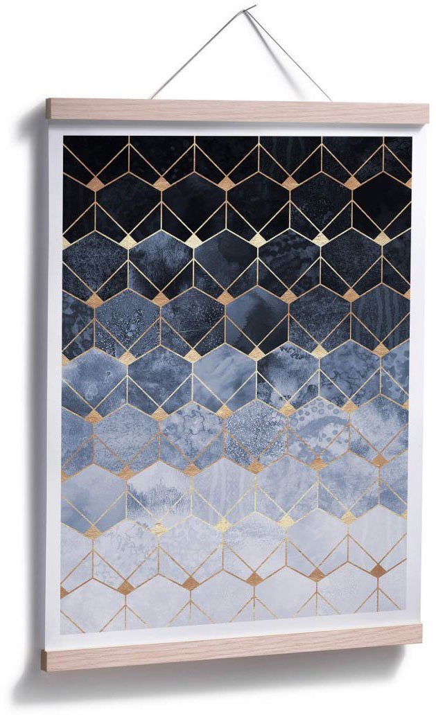 Wall-Art (1 Poster Blau Schriftzug Gold, St) Hexagon