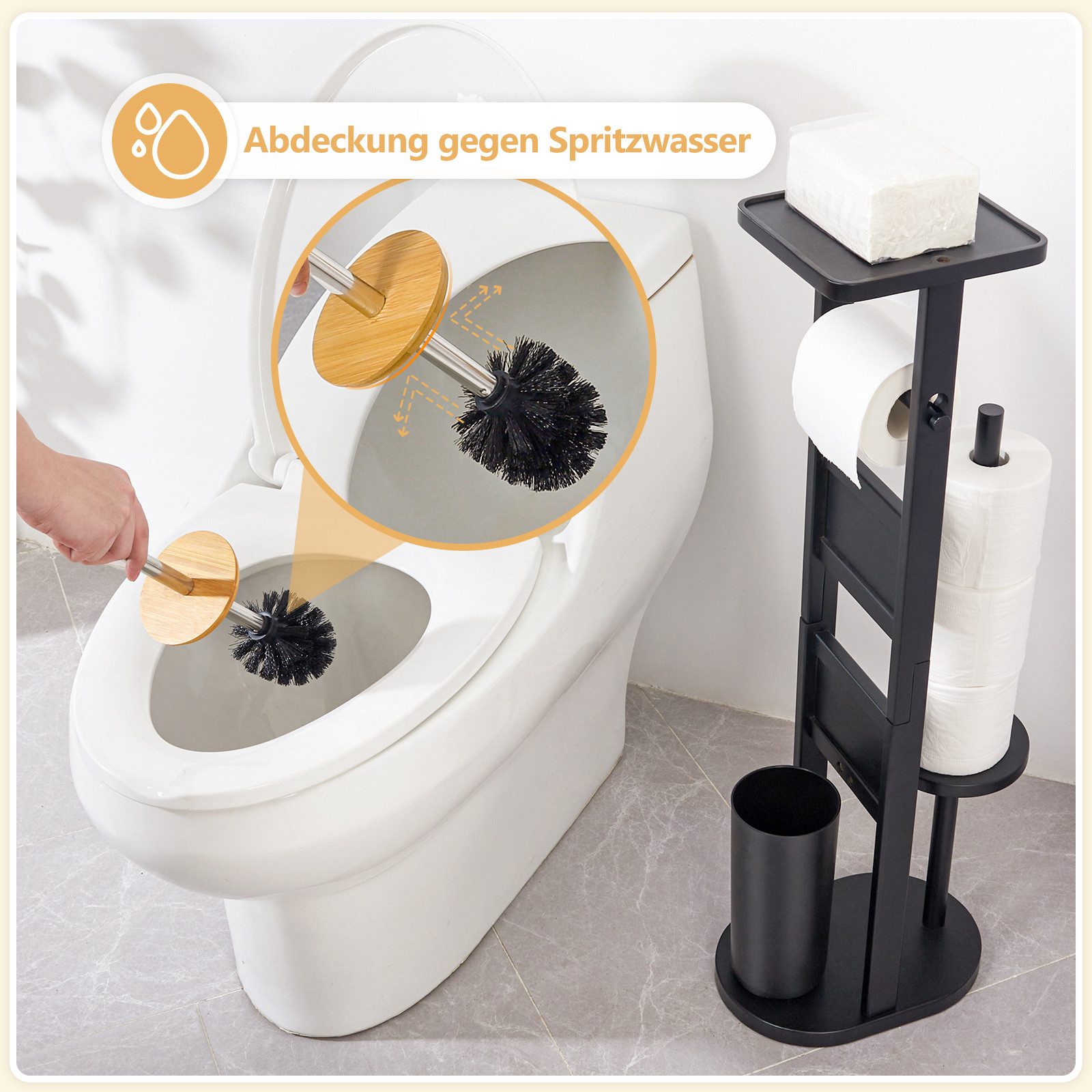 Yorbay WC-Garnitur Toilettenpapierhalter stehend aus Bambus, (WC-Bürstenhalter/Ablage, /Toilettenbürste/Klorollenhalter), Stand WC Garnitur mit Klobürste für WC – Bild 3 von 5