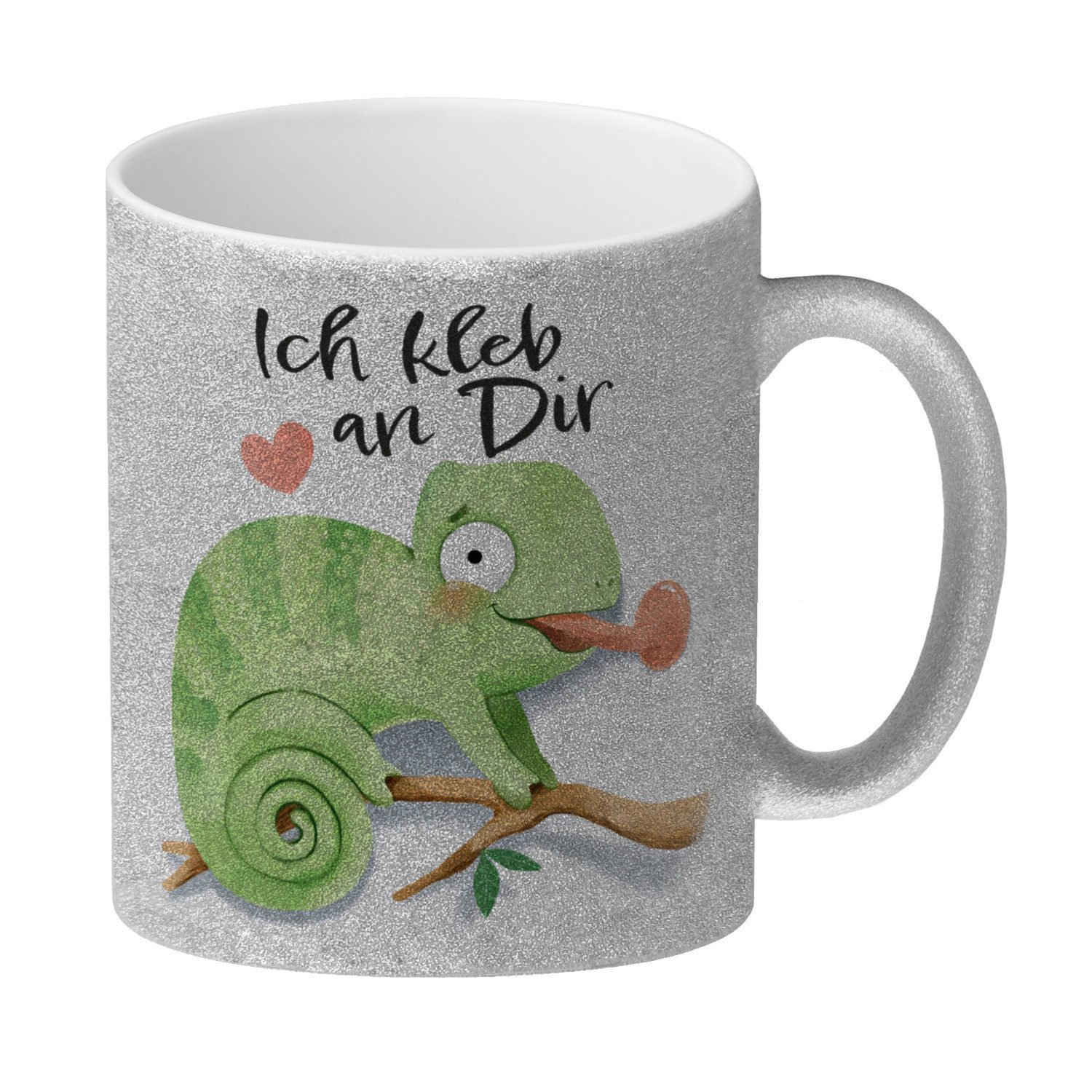 Tasse Chamäleon Glitzer-Kaffeebecher mit Spruch Ich kleb an dir