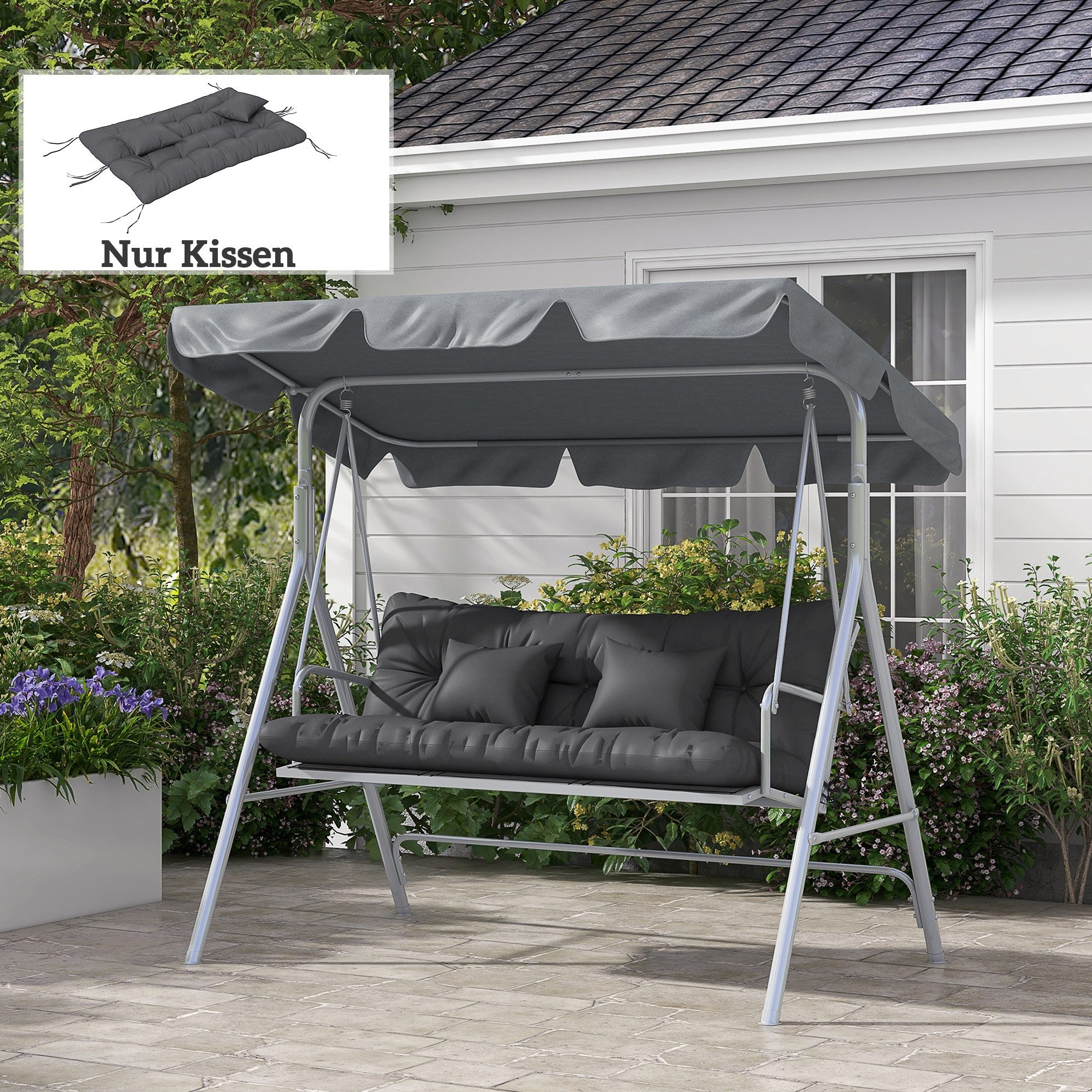 Outsunny Подушки 4er-Set, mit Bindebänder, 10cm dick, 150x50 cm, für Haus, Garten, Sofa, Dunkelgrau