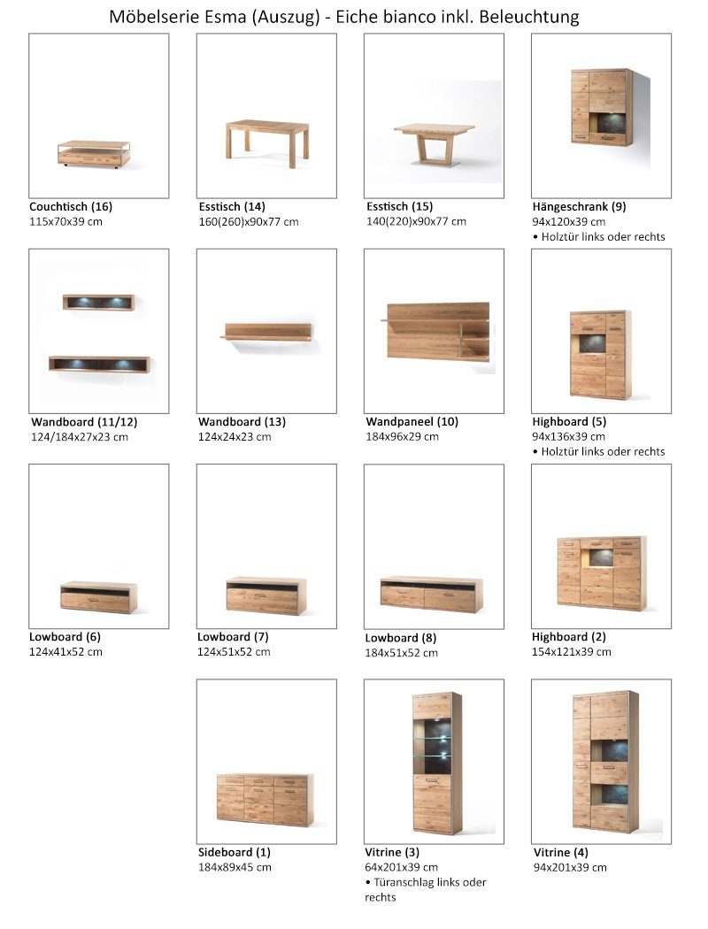 Wohnzimmer-Set Asteiche teilmassiv Beleuchtung vormontiert 41, (Spar-Set, Softclose-Funktion expendio bianco 4-St), Esma