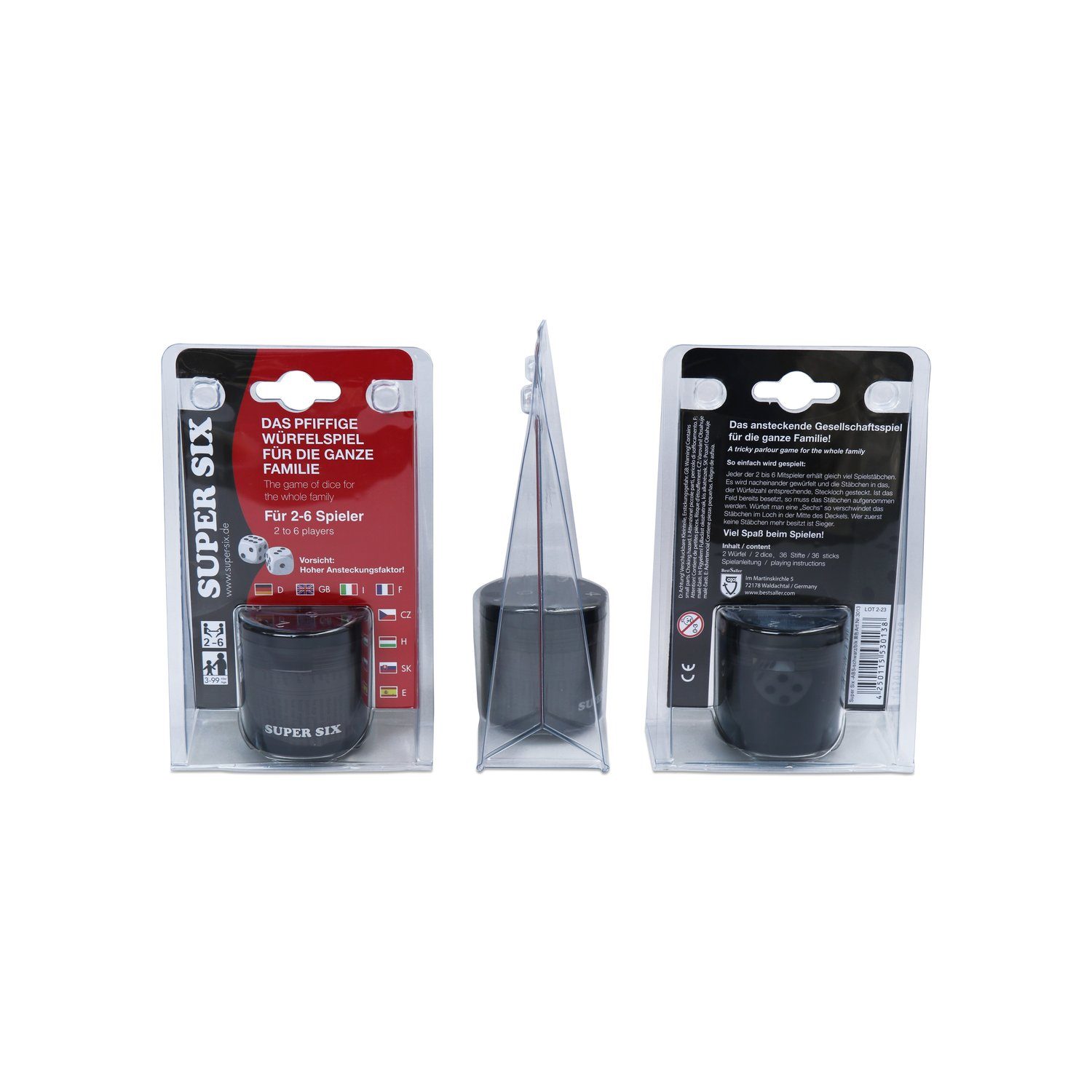 BestSaller Spiel SUPER SIX, Würfelspiel, 36 Spielstäbchen & 2 Würfel