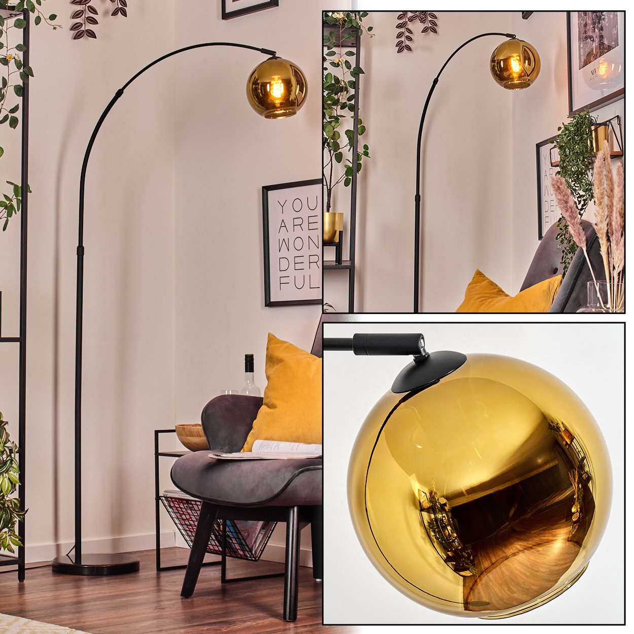 Stehlampe Stehlampe aus Metall/Riffelglas in Schwarz/Goldfarben mit Marmorfuß