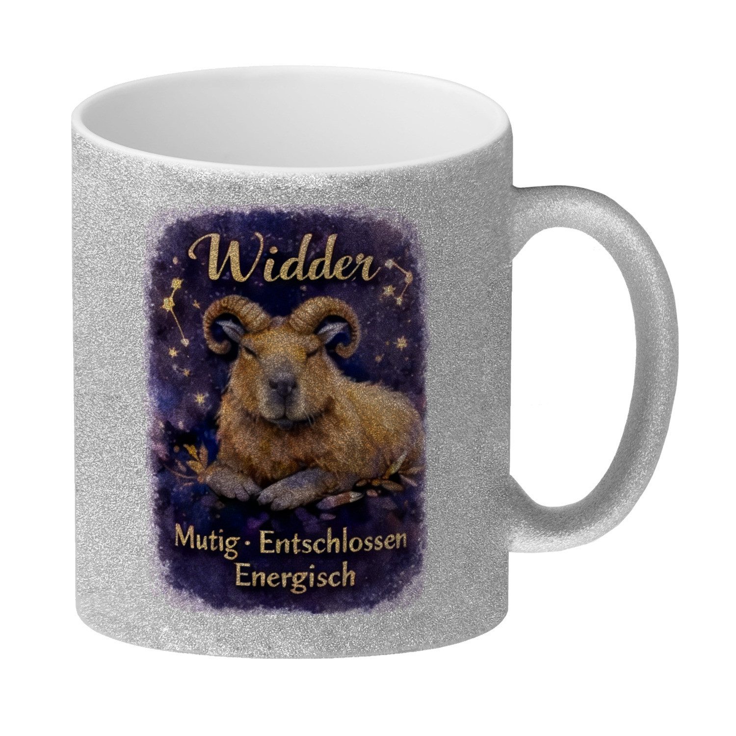 speecheese Tasse Widder Sternzeichen Cabybara Glitzer-Kaffeebecher für Astrologie Fans