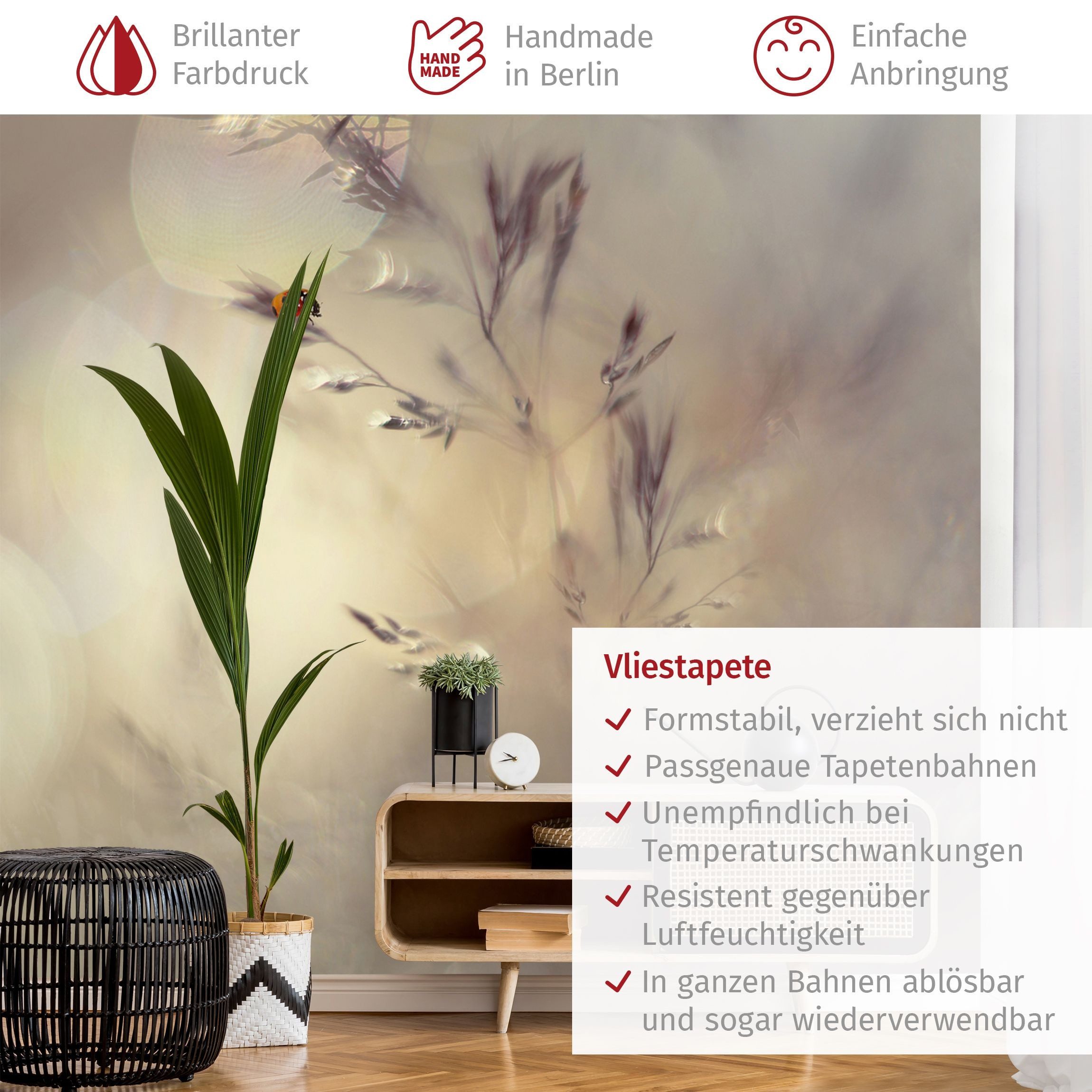 Bilderdepot24 Fototapete Tiere Marienkäfer Wiesengras Beige Modern Wanddeko Landhaus, Glatt, Matt, (Vliestapete inkl. Kleister oder selbstklebend), Wohnzimmer Schlafzimmer Küche Flur Bildtapete Vliestapete Wandtapete
