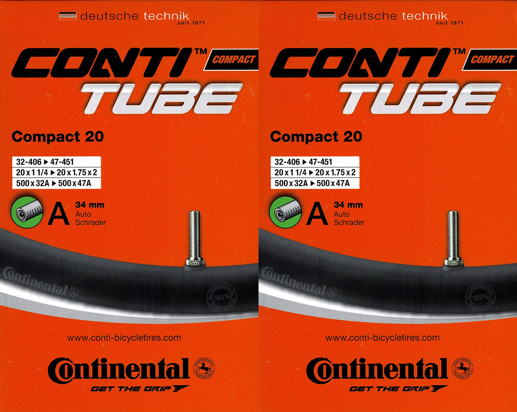 CONTINENTAL Fahrradschlauch 2x Continental Compact 20 Schlauch 20 Zoll AV (32/47-406/451) AV 34mm, 1,50, 1,75, 1,40, 1,60, 2 1/4, 1,25, 1,35, (2-St)