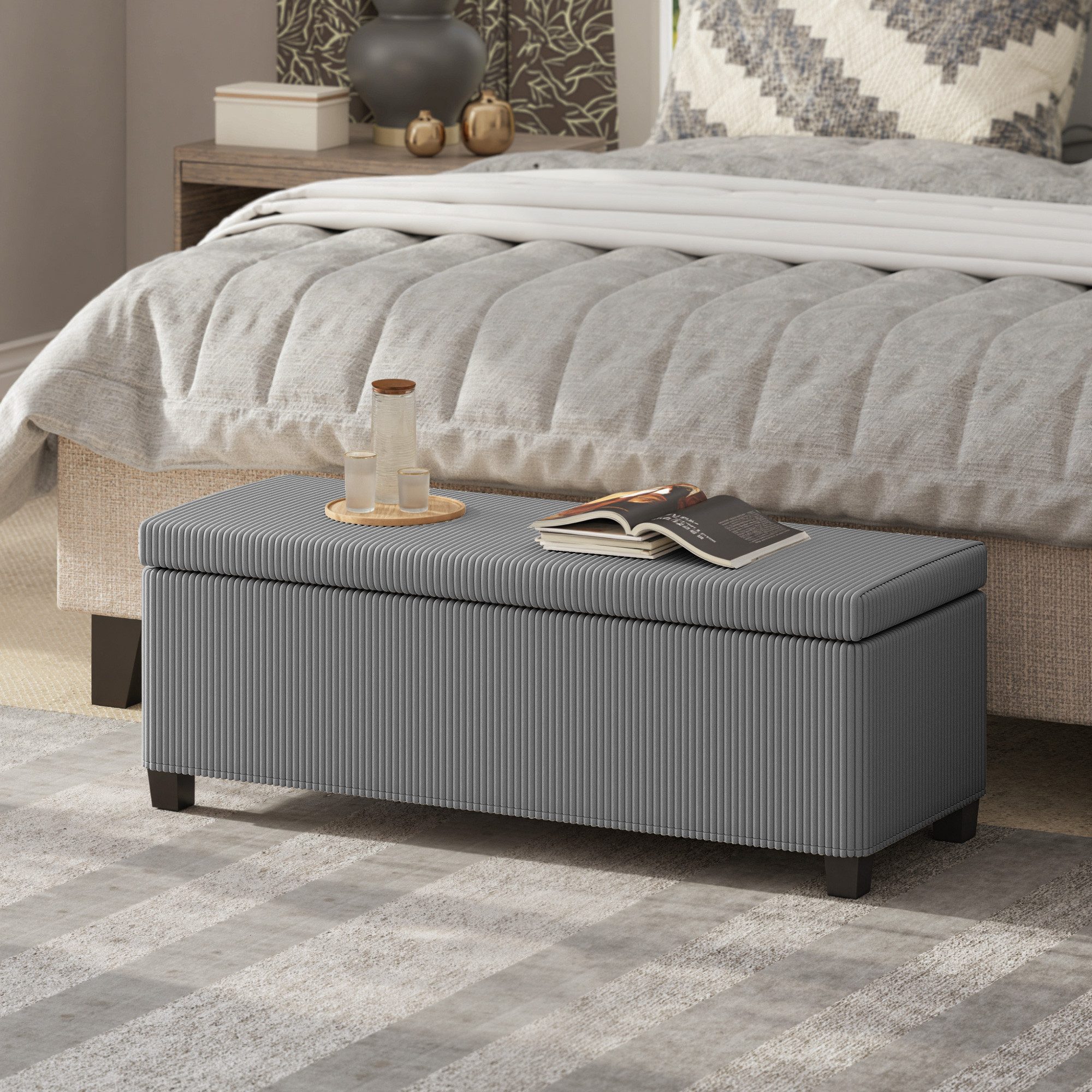 HOMCOM Sitzbank Polsterbank mit Stauraum und Cord-Optik, Sitztruhe für Wohnzimmer (Polsterhocker, 1-St., Aufbewahrungs-Hocker), für Wohnzimmer, Schlafzimmer, Grau