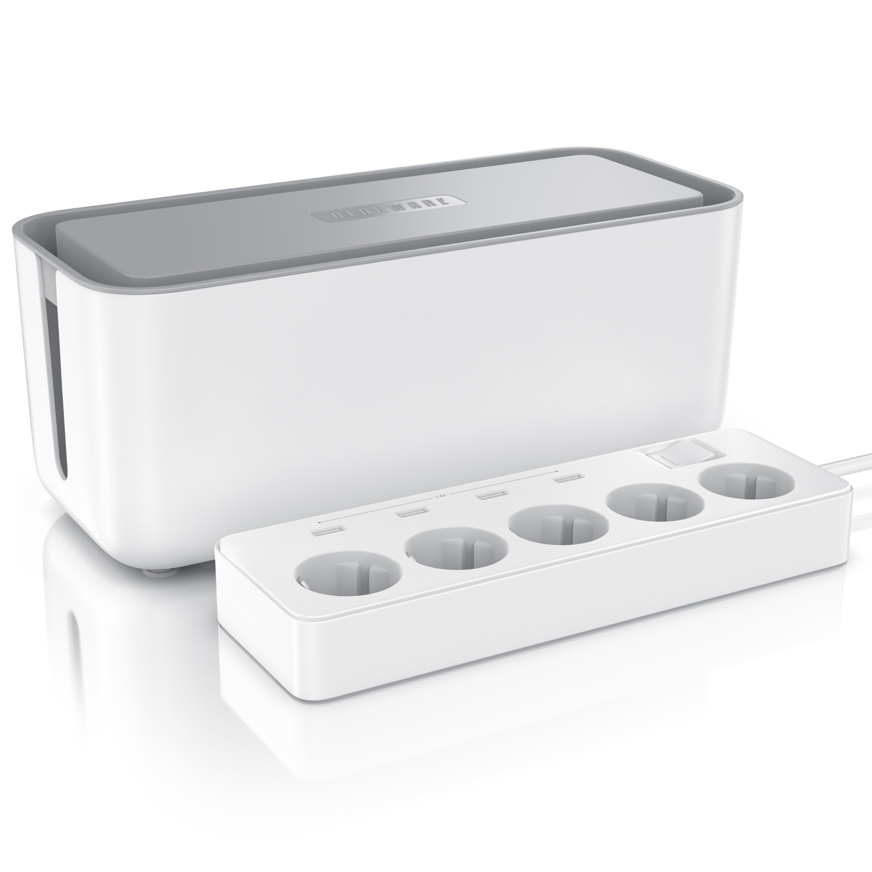 BEARWARE Steckdosenleiste mit USB-Ladevorrichtung - 4x USB-Ports Steckdosenleiste 5-fach (Ein- / Ausschalter, USB-Anschlüsse, Kindersicherung, Schutzkontaktstecker, Überspannungsschutz, Kabellänge 1,50 m), inkl. Kabelbox mit Gummifüßen Kabelmanagement / Kabelordner / Ladebox