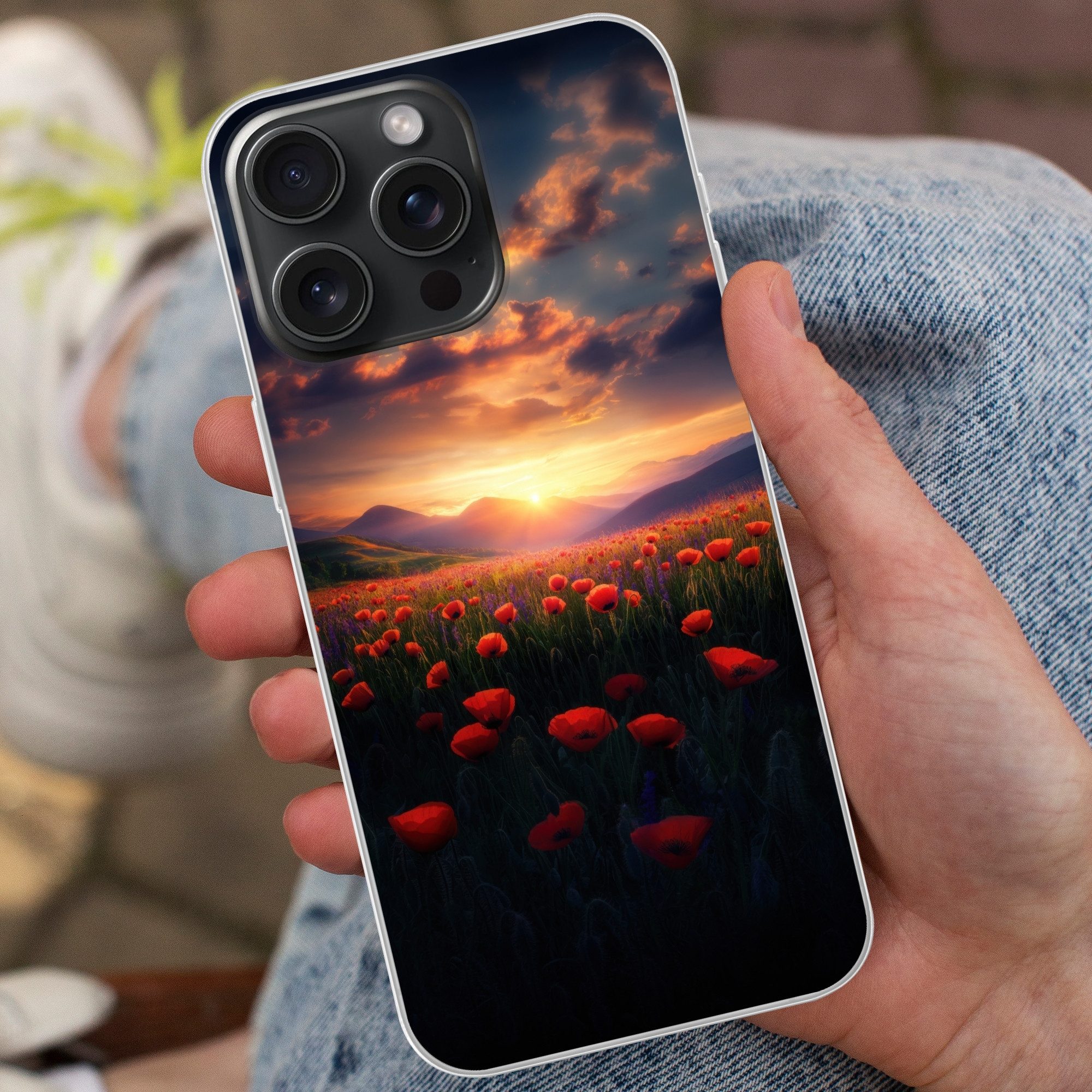 MuchoWow Handyhülle für Apple iPhone 15 Pro Max Landschaft - Sonnenuntergang - Blumenfeld, Smartphone-Bumper, Print, Handy Schutzhülle Dünn