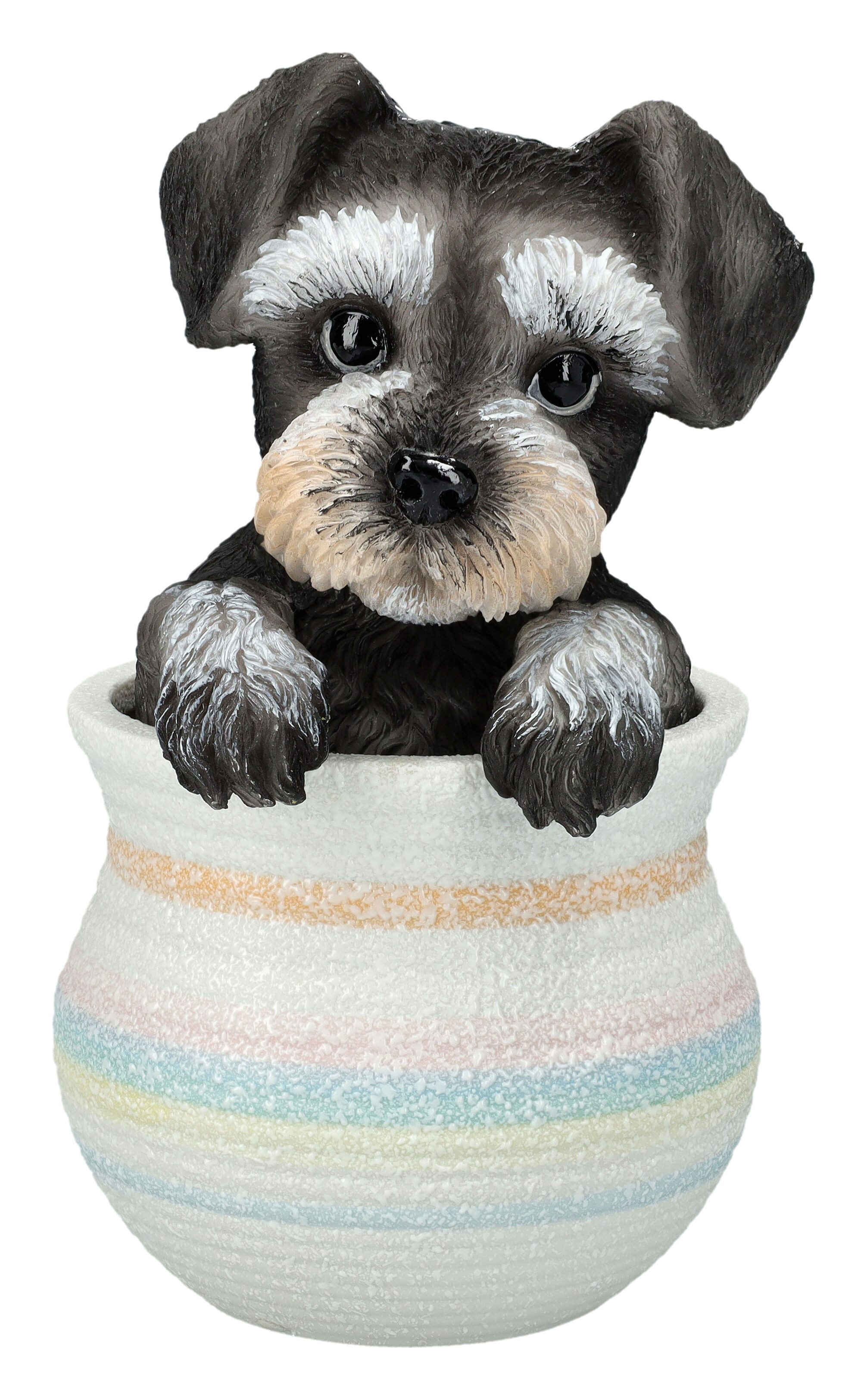 Tierfigur Hunde Figur - Mini Schnauzer im Topf - Dekoration Hundefigur Hund Deko