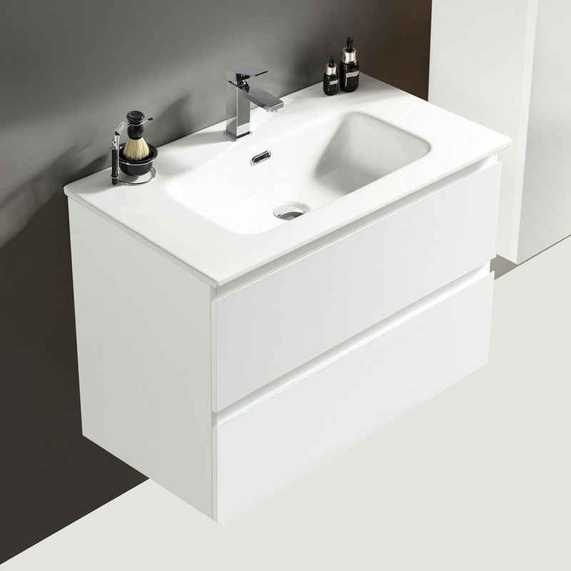 Alpenberger Badmöbel-Set - Badschrank Badezimmer Schrank, (2 Waschbeckenunterschrank Schubladen, Waschbecken mit Überlauf), Waschtisch mit Unterschrank 80 cm Breit