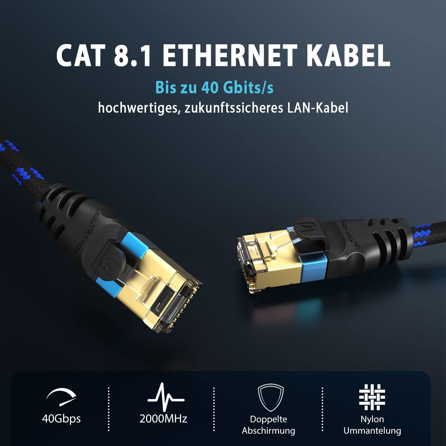 UltraHDTV CAT 8.1 40 Gbps LAN Kabel, Patchkabel Gigabit RJ45 Ethernet Netzwerkkabel, RJ45, Ethernet (1500 cm), Knickschutz, Nylon-Ummantelung mit 40.000 Mbit Glasfaser