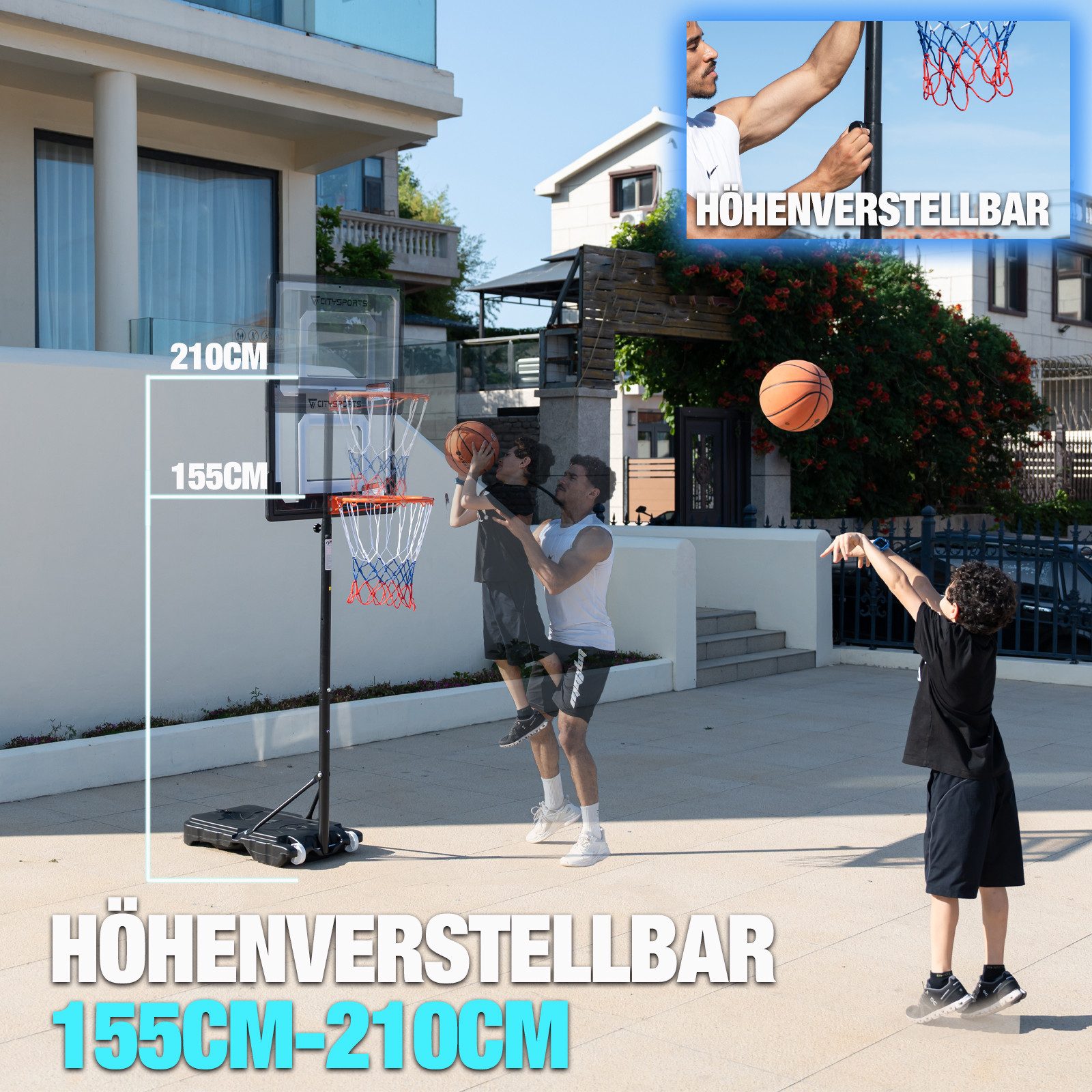 CITYSPORTS Basketballkorb für Kinder/Jugendliche/Erwachsene, Basketballkorb mit Transportrollen, Basketballständer Höhenverstellbar, Gewichte können hinzugefügt werden